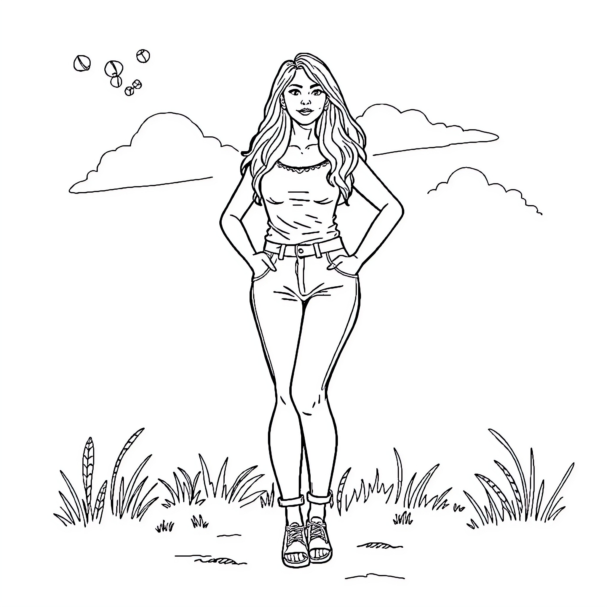 Woman enjoying nature in the countryside Coloring Page (free black-and-white line drawing printable PDF for all, from beginners to advanced learners, including children, teens, adults, and seniors)