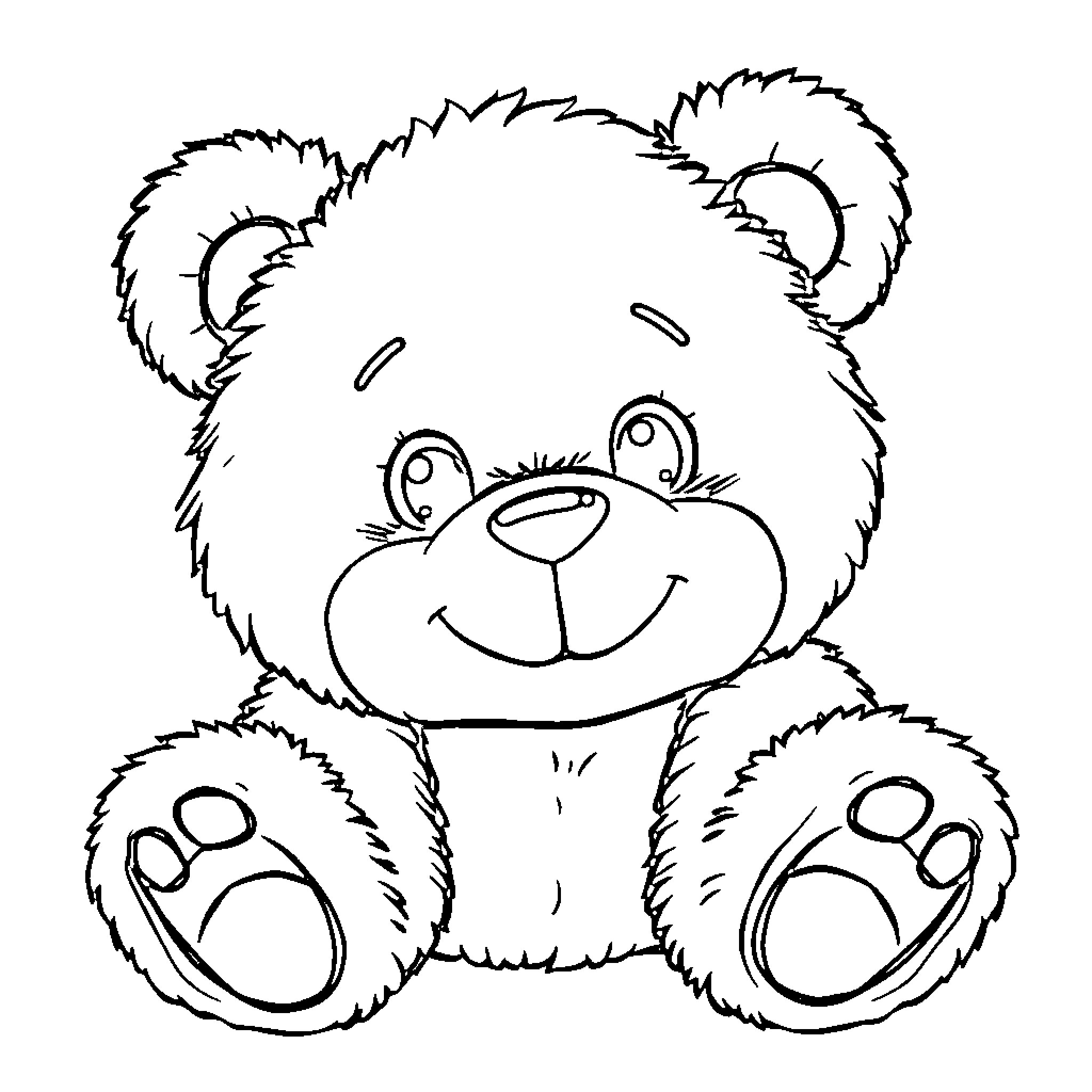 Teddy Bear sitting happily Coloring Page (free black-and-white line drawing printable PDF for all, from beginners to advanced learners, including children, teens, adults, and seniors)