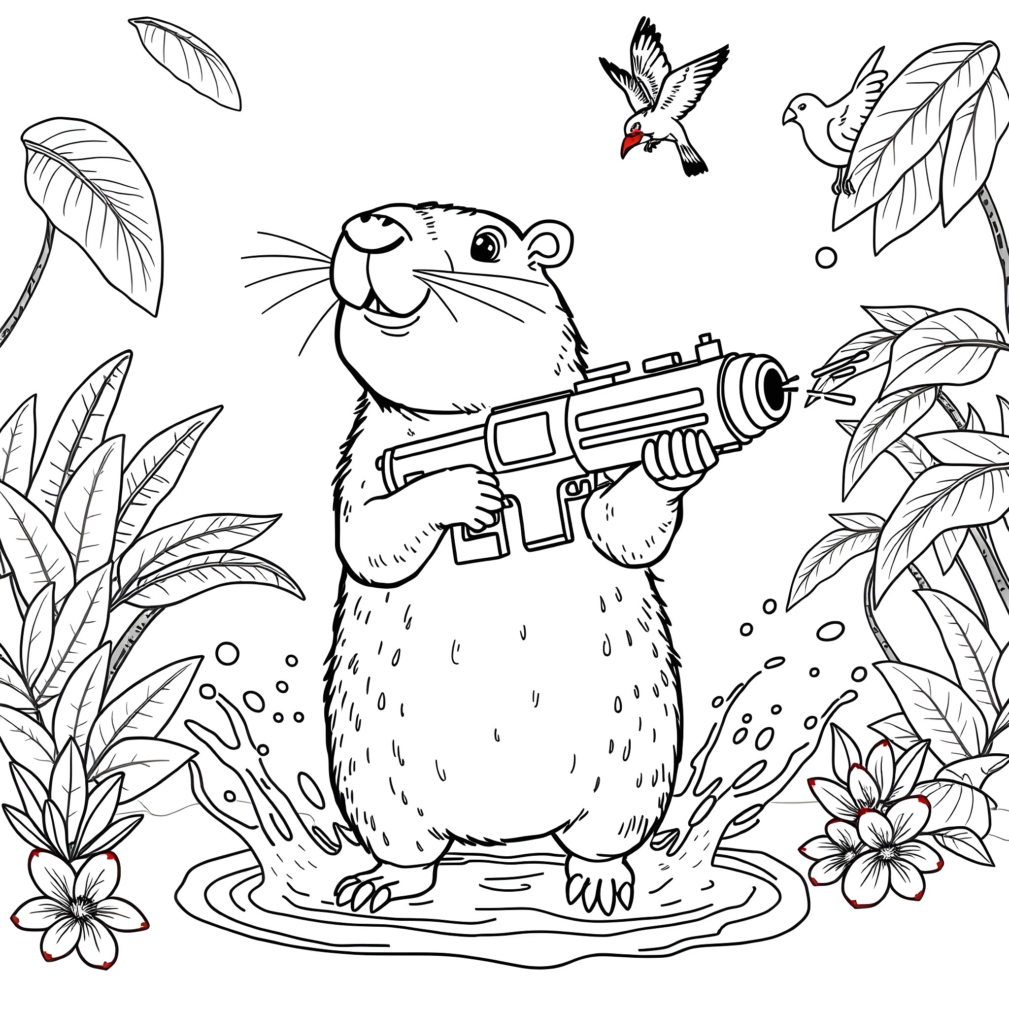 Capybara playing with futuristic toy gun in tropical garden Coloring Page (free black-and-white line drawing printable PDF for all, from beginners to advanced learners, including children, teens, adults, and seniors)