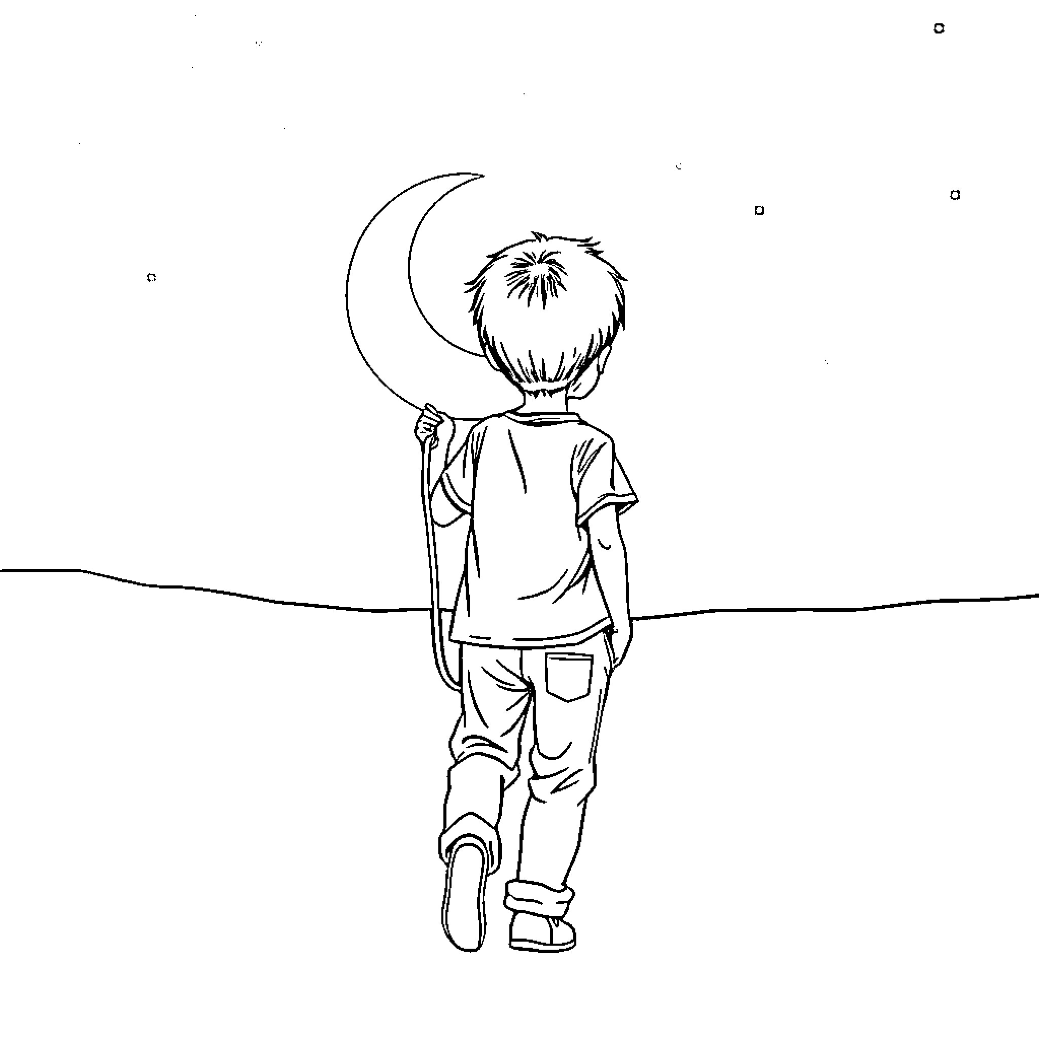 Child gazing up at the crescent moon Coloring Page (free black-and-white line drawing printable PDF for all, from beginners to advanced learners, including children, teens, adults, and seniors)