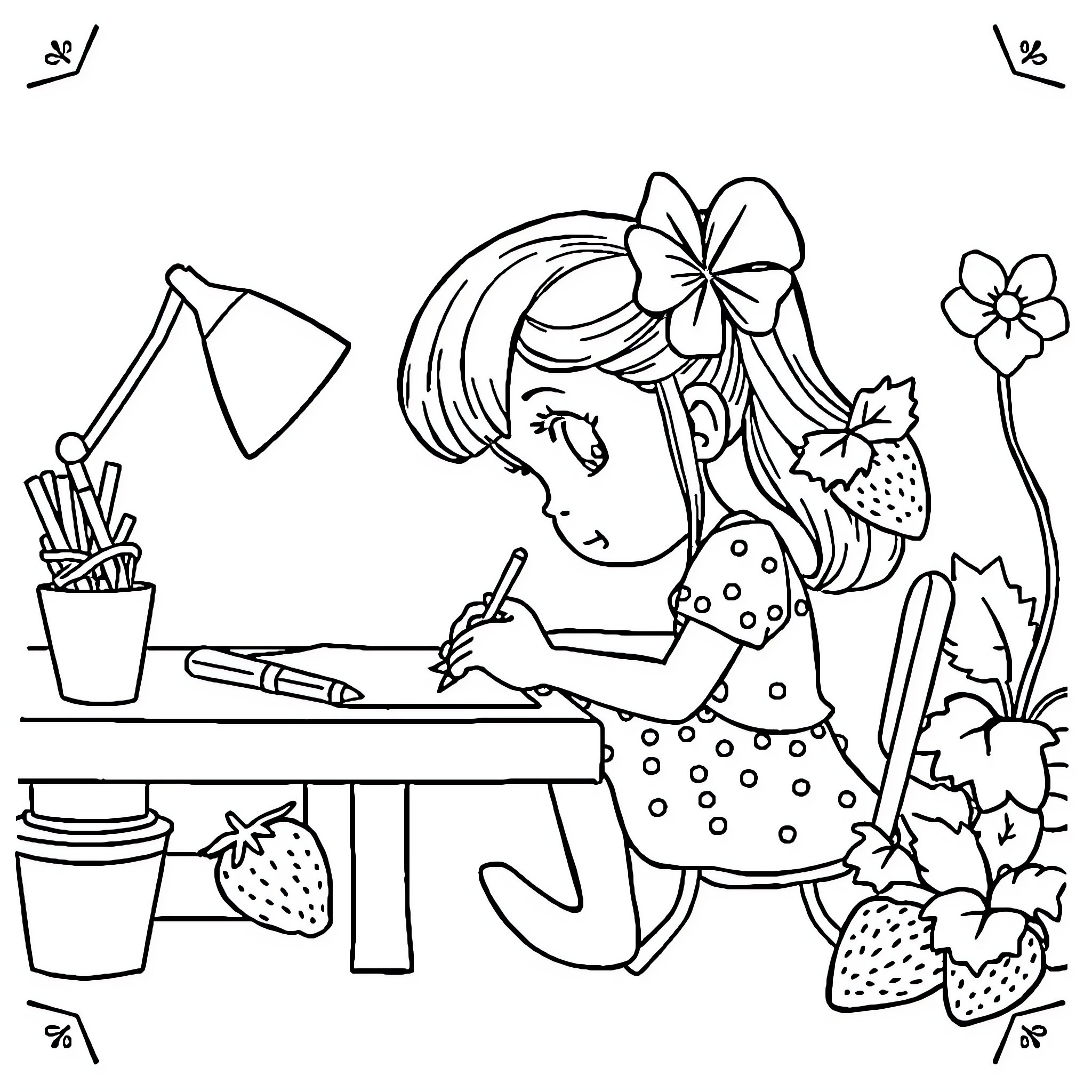 Strawberry Coloring with Polka Dots and Flowers Coloring Page (free black-and-white line drawing printable PDF for all, from beginners to advanced learners, including children, teens, adults, and seniors)