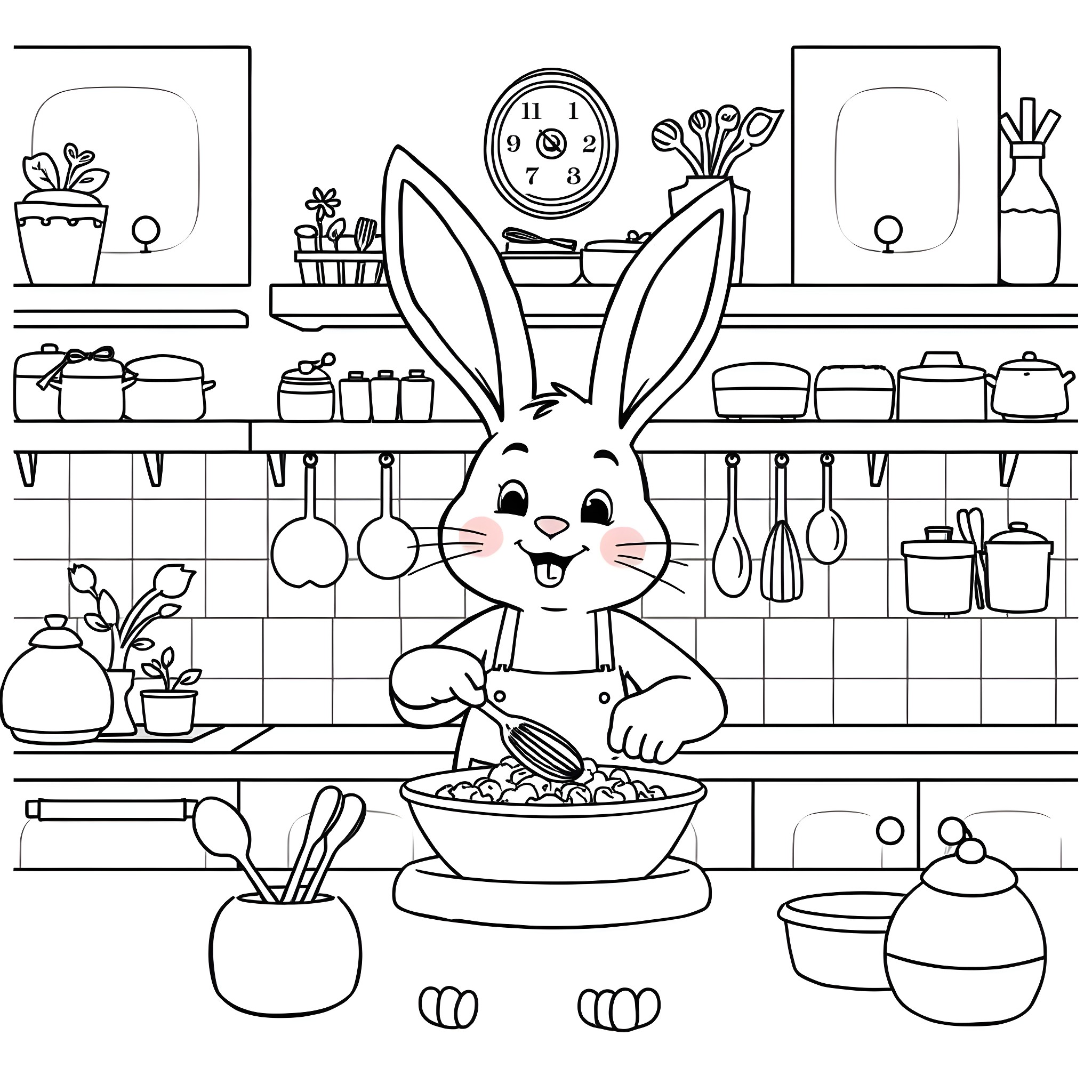 Bunny cooking a meal in the kitchen Coloring Page (free black-and-white line drawing printable PDF for all, from beginners to advanced learners, including children, teens, adults, and seniors)
