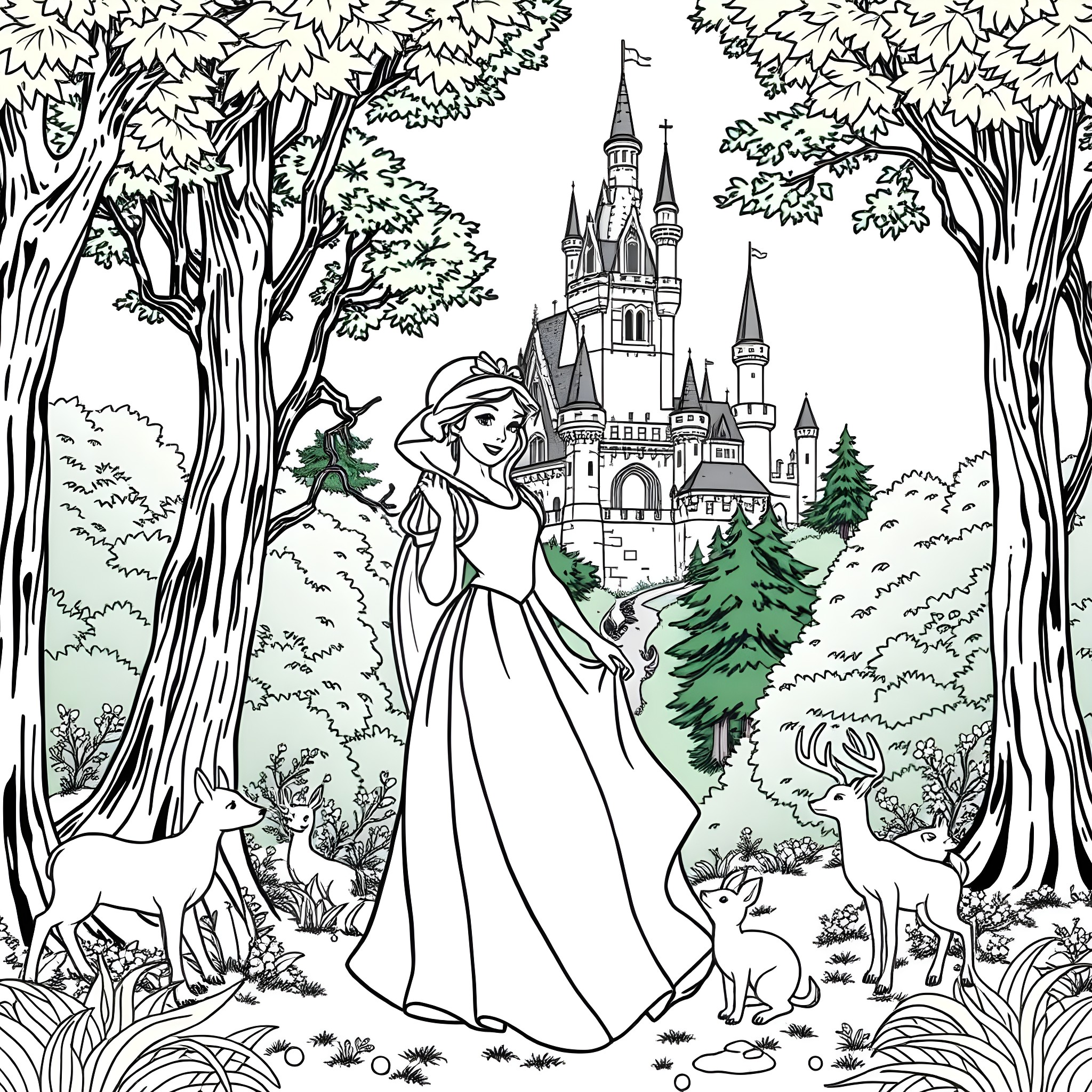Snow White admiring the castle in the enchanted forest Coloring Page (free black-and-white line drawing printable PDF for all, from beginners to advanced learners, including children, teens, adults, and seniors)