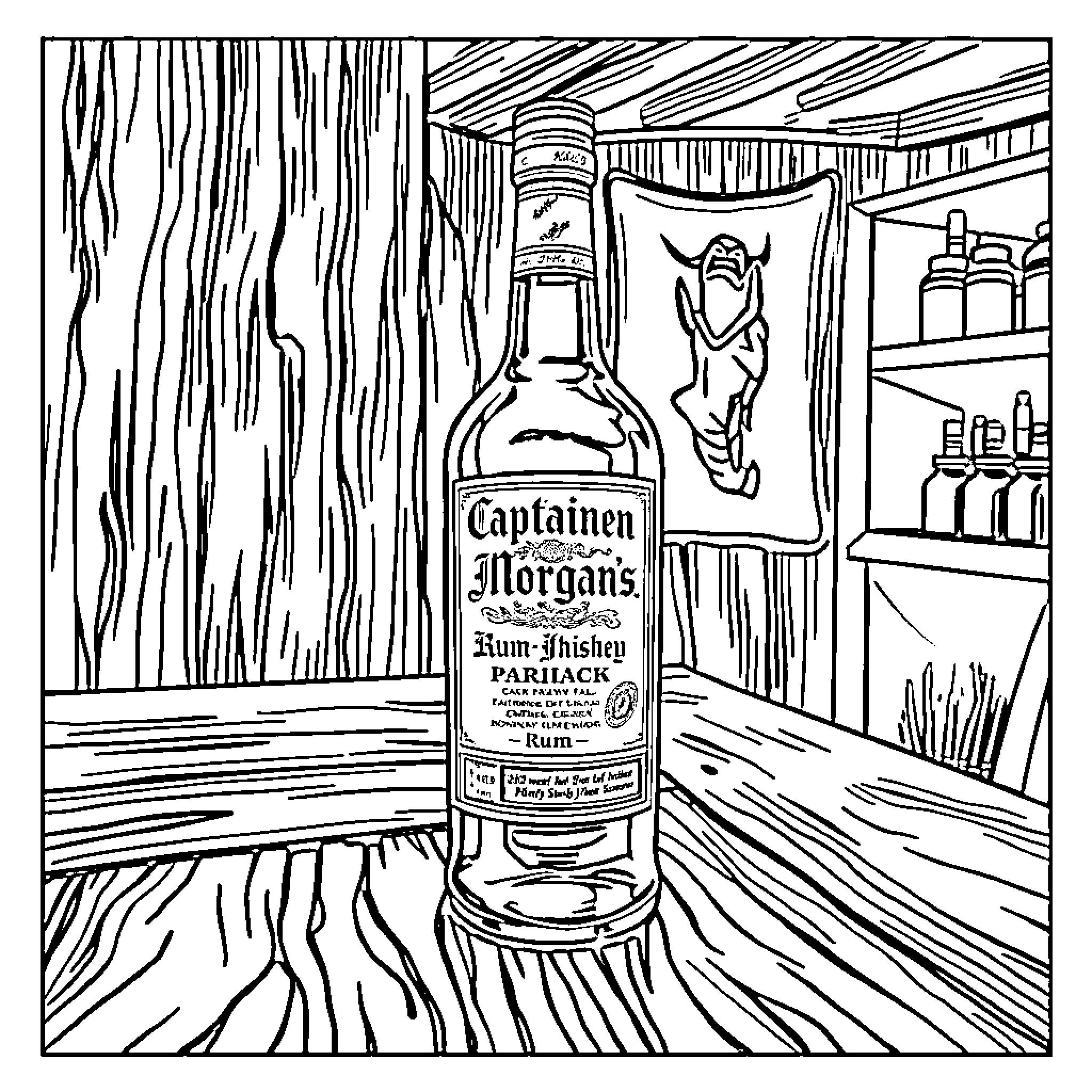 Captain Morgan's Rum-Whiskey Parlack in a Rustic Bar Coloring Page (free black-and-white line drawing printable PDF for all, from beginners to advanced learners, including children, teens, adults, and seniors)