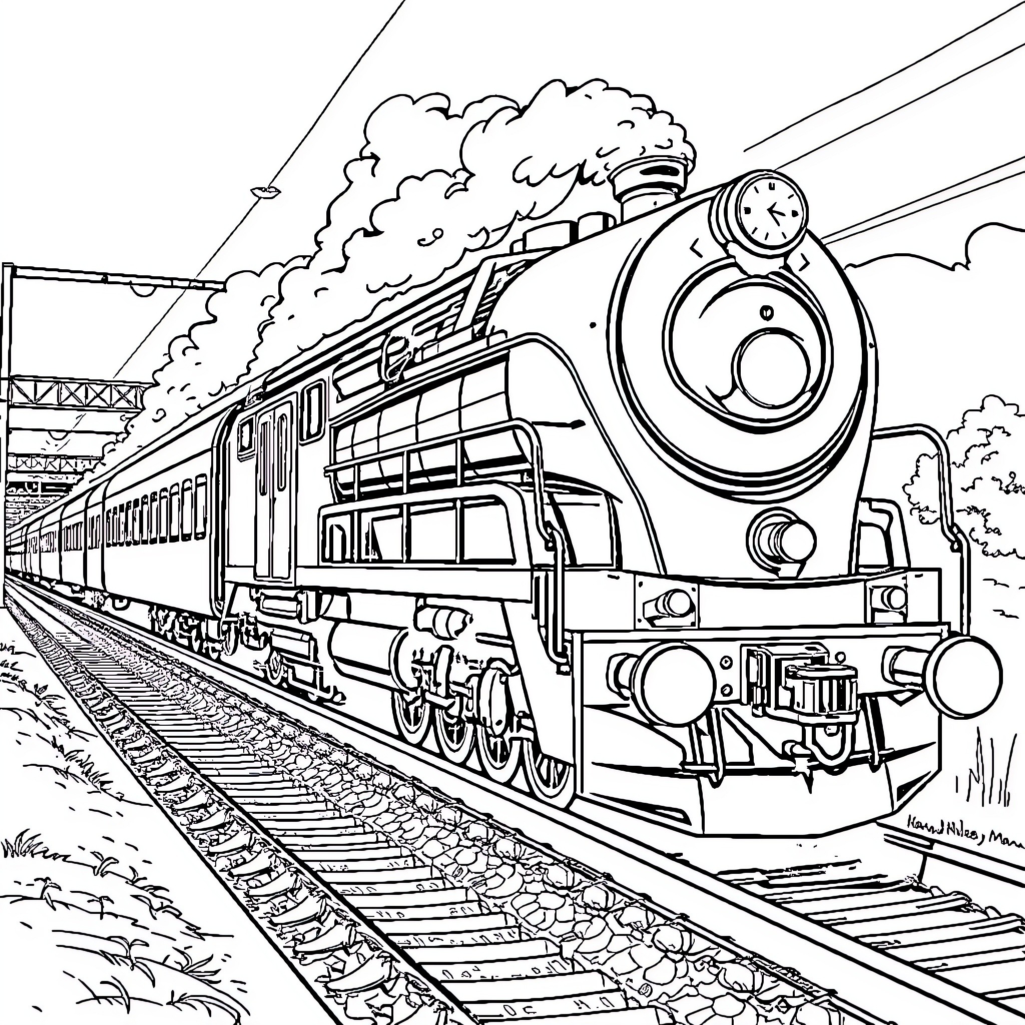 Train speeding through the countryside Coloring Page (free black-and-white line drawing printable PDF for all, from beginners to advanced learners, including children, teens, adults, and seniors)