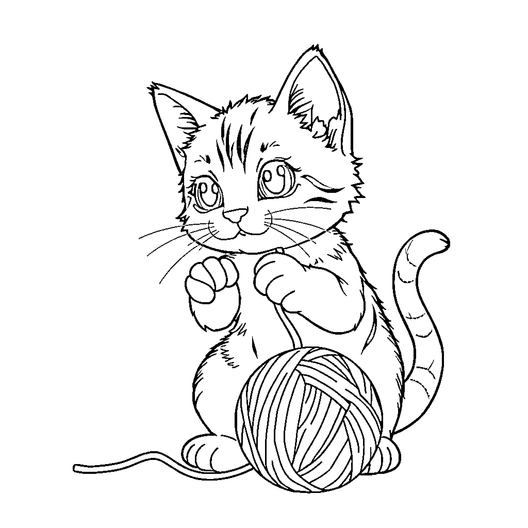 Kitty playing with yarn Coloring Page (free black-and-white line drawing printable PDF for all, from beginners to advanced learners, including children, teens, adults, and seniors)