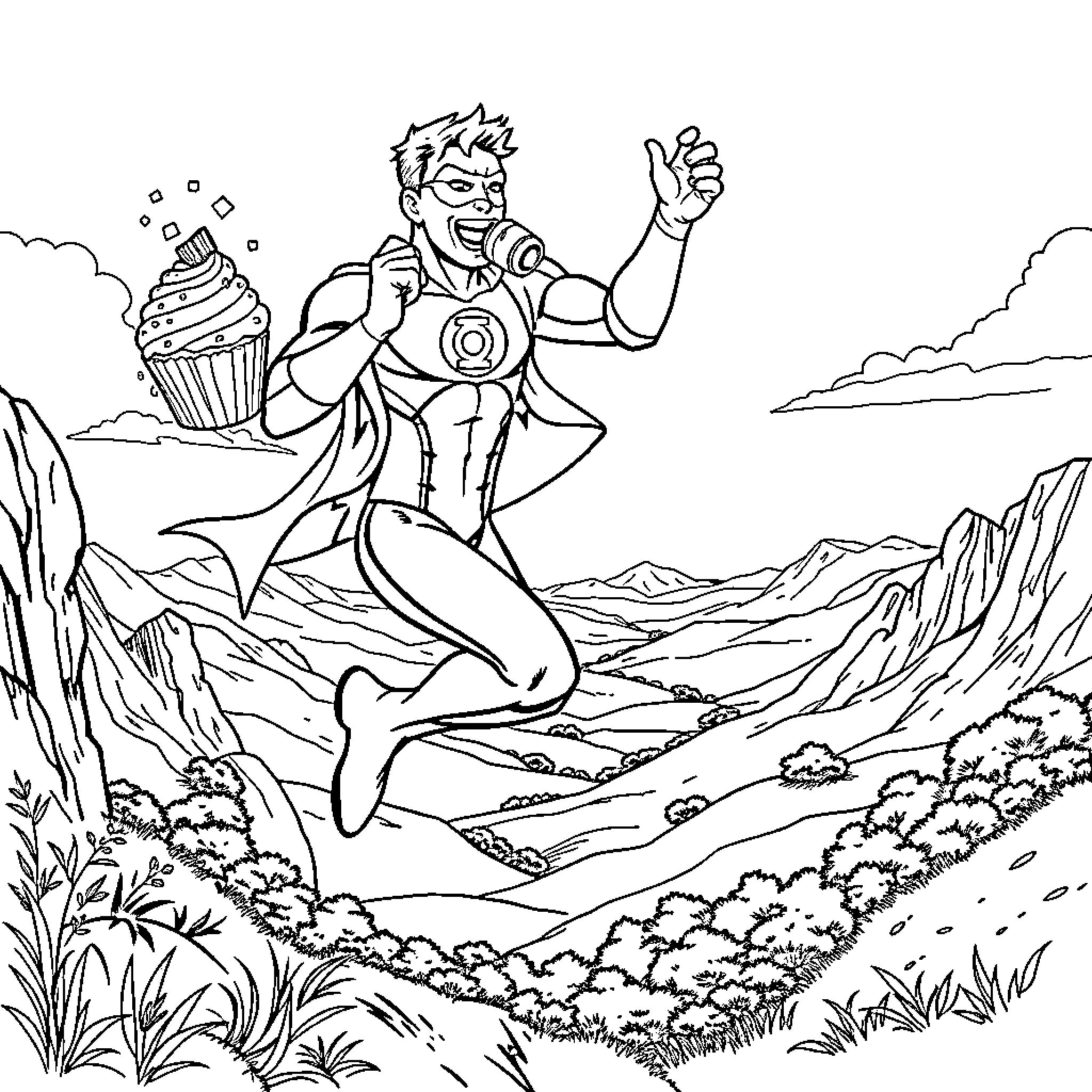 Green Lantern Soaring Through Vibrant Landscape Coloring Page (free black-and-white line drawing printable PDF for all, from beginners to advanced learners, including children, teens, adults, and seniors)