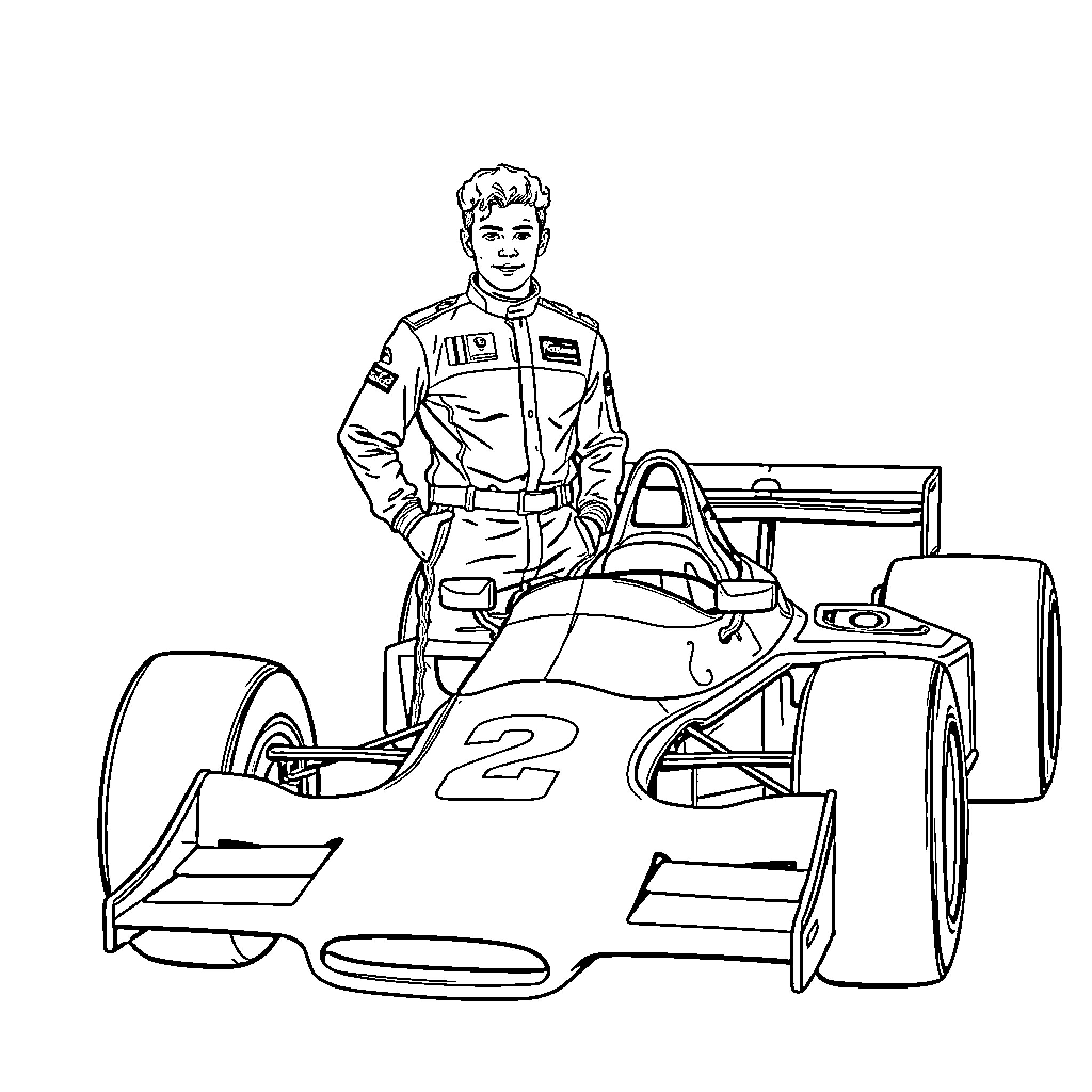 George Russell posing with Formula One racing car Coloring Page (free black-and-white line drawing printable PDF for all, from beginners to advanced learners, including children, teens, adults, and seniors)