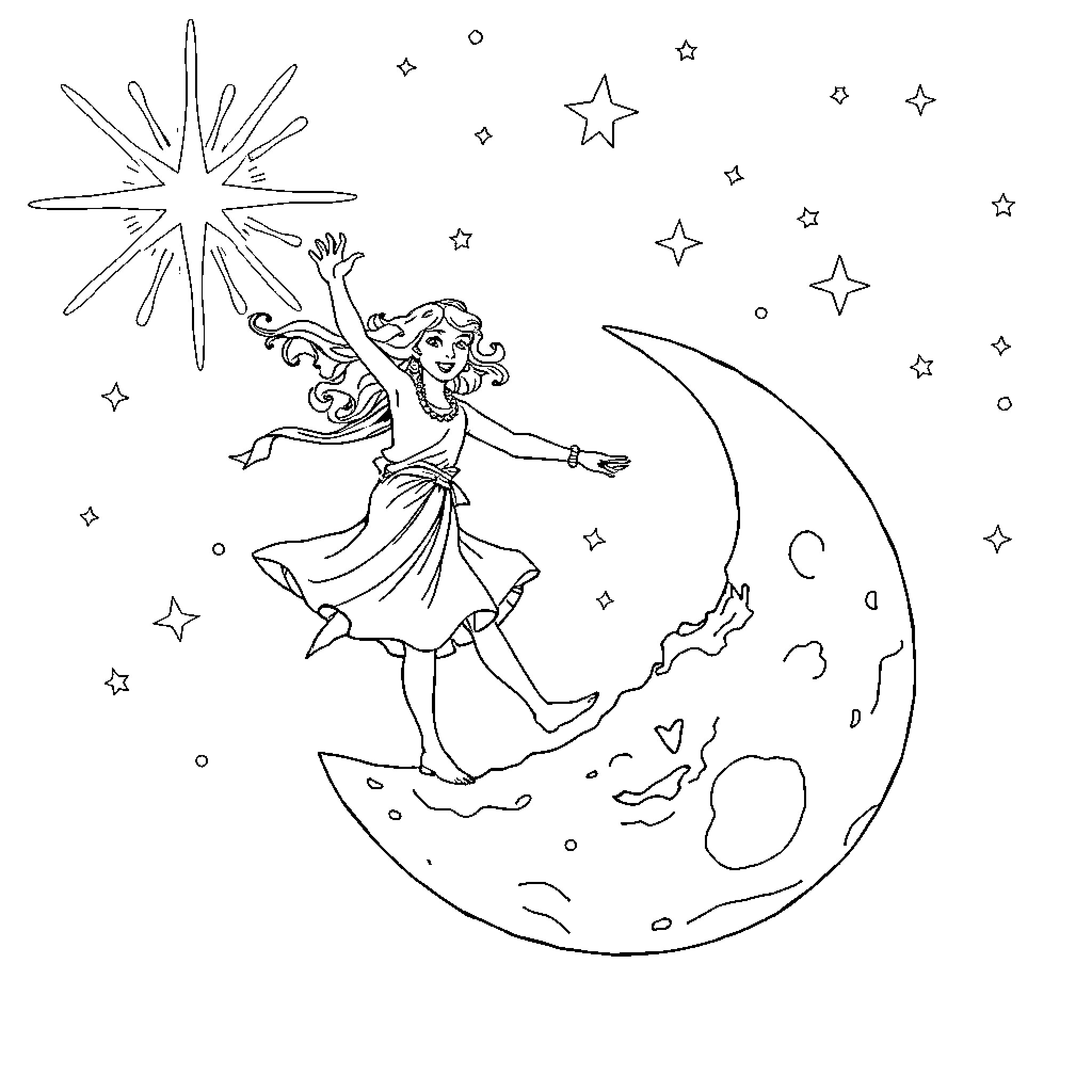 Italian Brainrot: Fairy Dancing on Crescent Moon Coloring Page (free black-and-white line drawing printable PDF for all, from beginners to advanced learners, including children, teens, adults, and seniors)