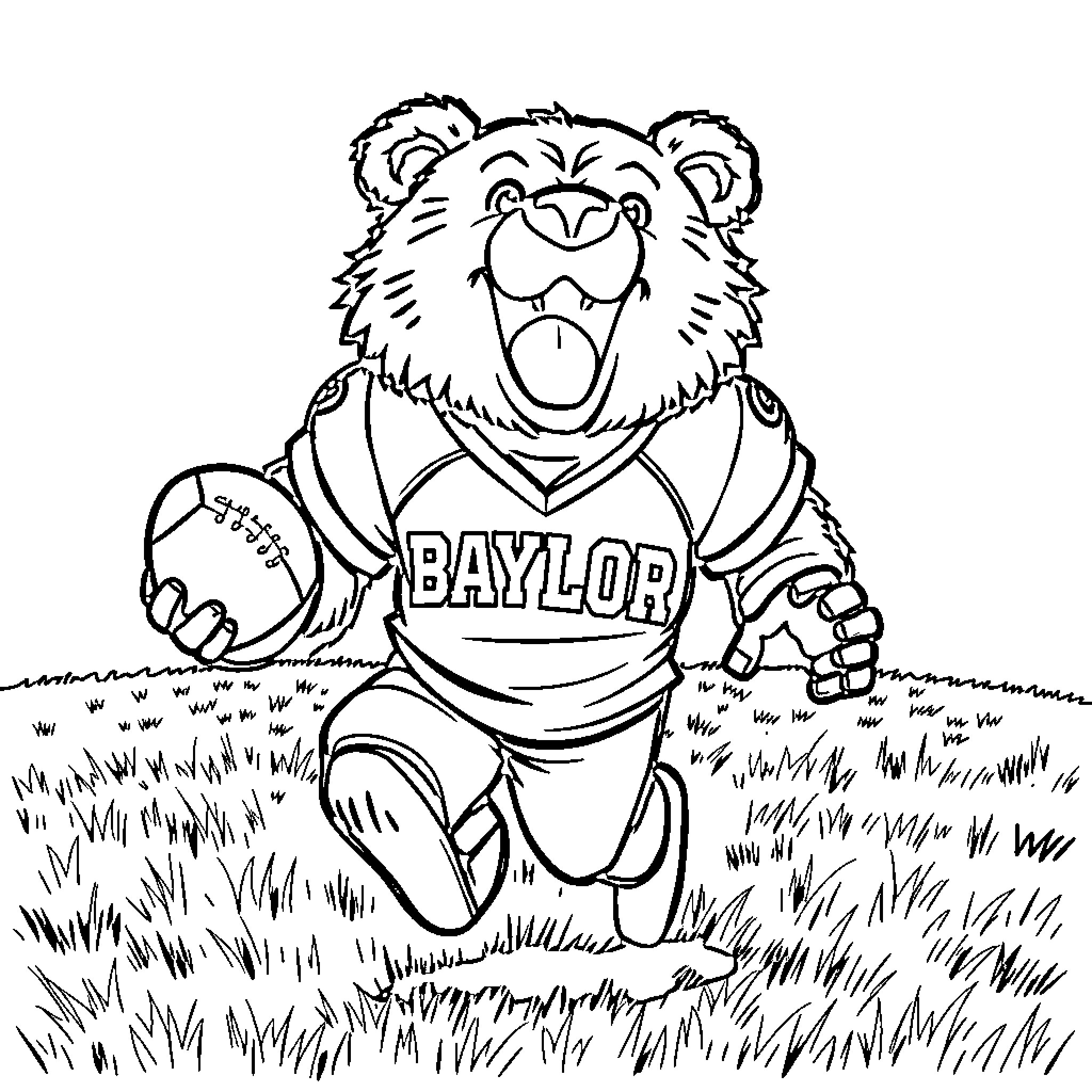 Bear proudly playing football on grass field Coloring Page (free black-and-white line drawing printable PDF for all, from beginners to advanced learners, including children, teens, adults, and seniors)