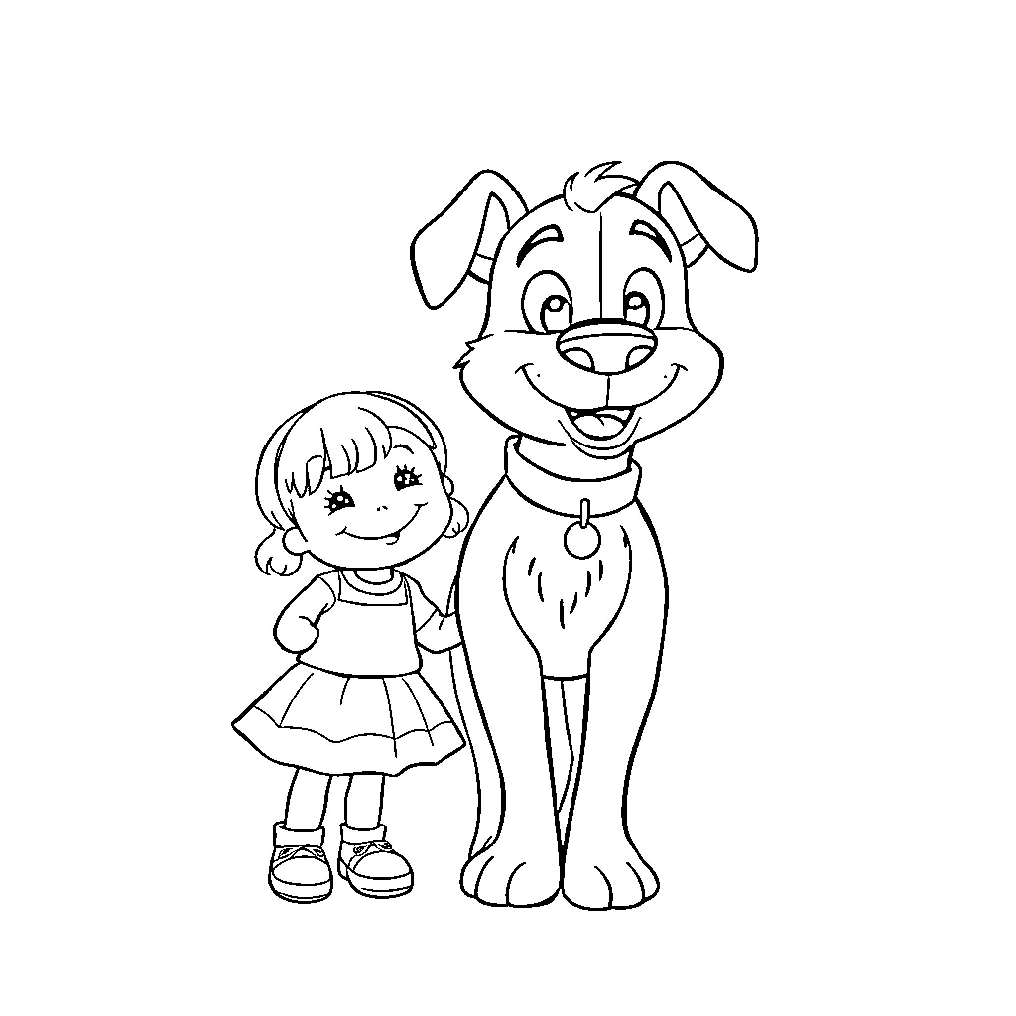 Bluey and her dog friend in a fun pose Coloring Page (free black-and-white line drawing printable PDF for all, from beginners to advanced learners, including children, teens, adults, and seniors)