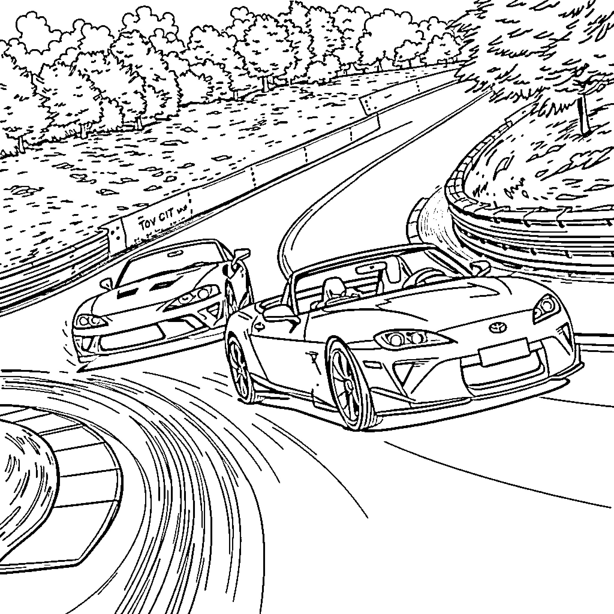 Cars racing on winding road in countryside Coloring Page (free black-and-white line drawing printable PDF for all, from beginners to advanced learners, including children, teens, adults, and seniors)