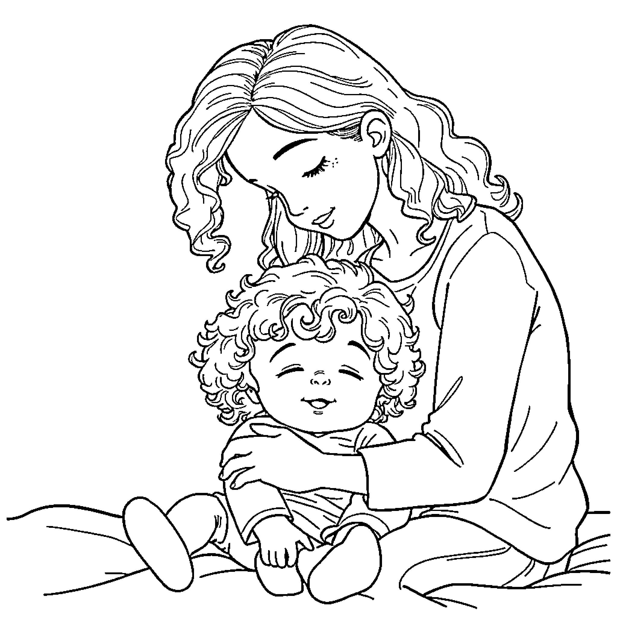 Sister's Affectionate Embrace Coloring Page (free black-and-white line drawing printable PDF for all, from beginners to advanced learners, including children, teens, adults, and seniors)