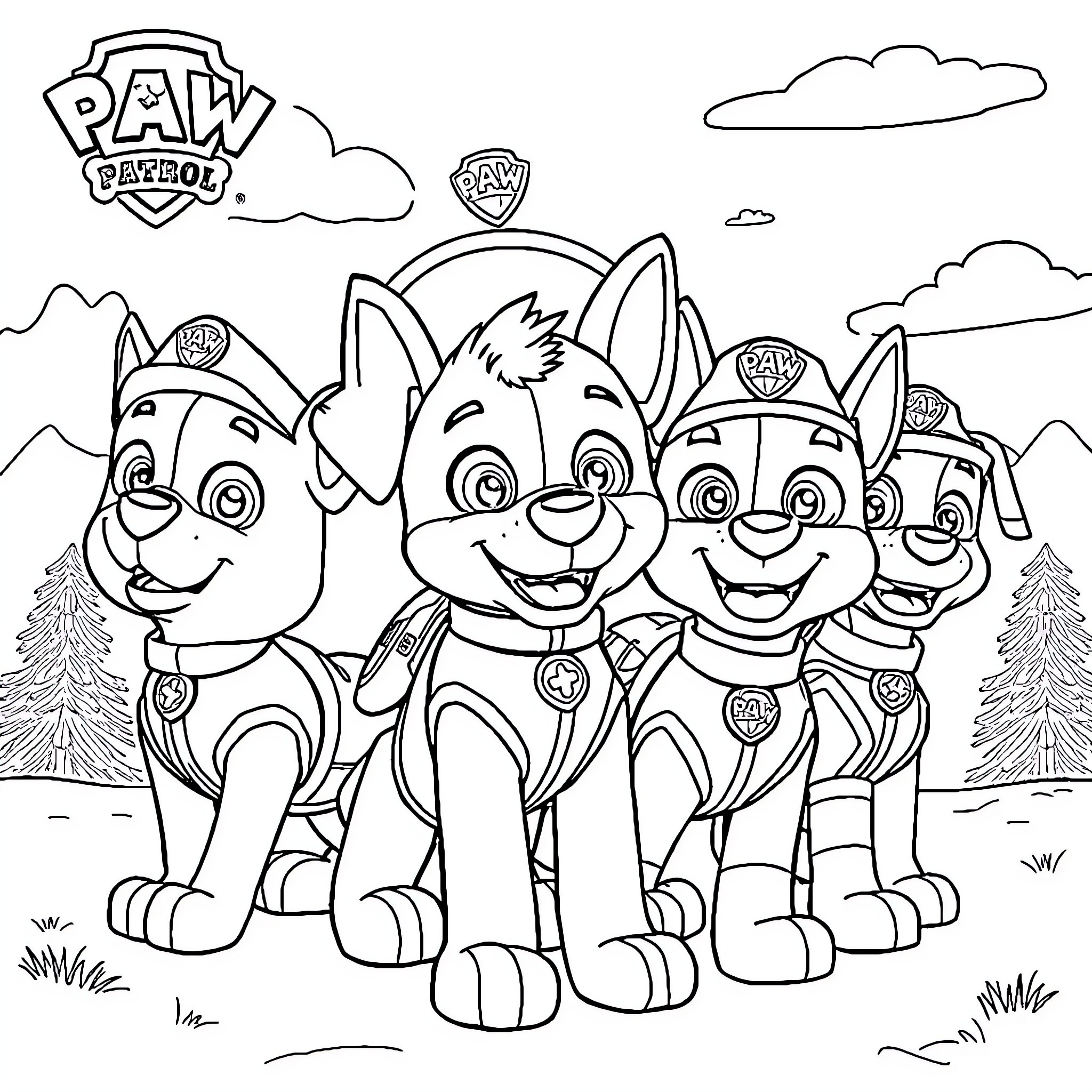 Dog Pals Exploring the Outdoors Coloring Page (free black-and-white line drawing printable PDF for all, from beginners to advanced learners, including children, teens, adults, and seniors)