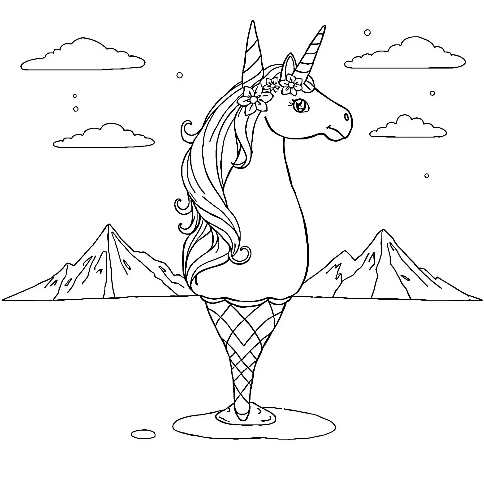 Licorne standing proudly amidst mountains and clouds Coloring Page (free black-and-white line drawing printable PDF for all, from beginners to advanced learners, including children, teens, adults, and seniors)