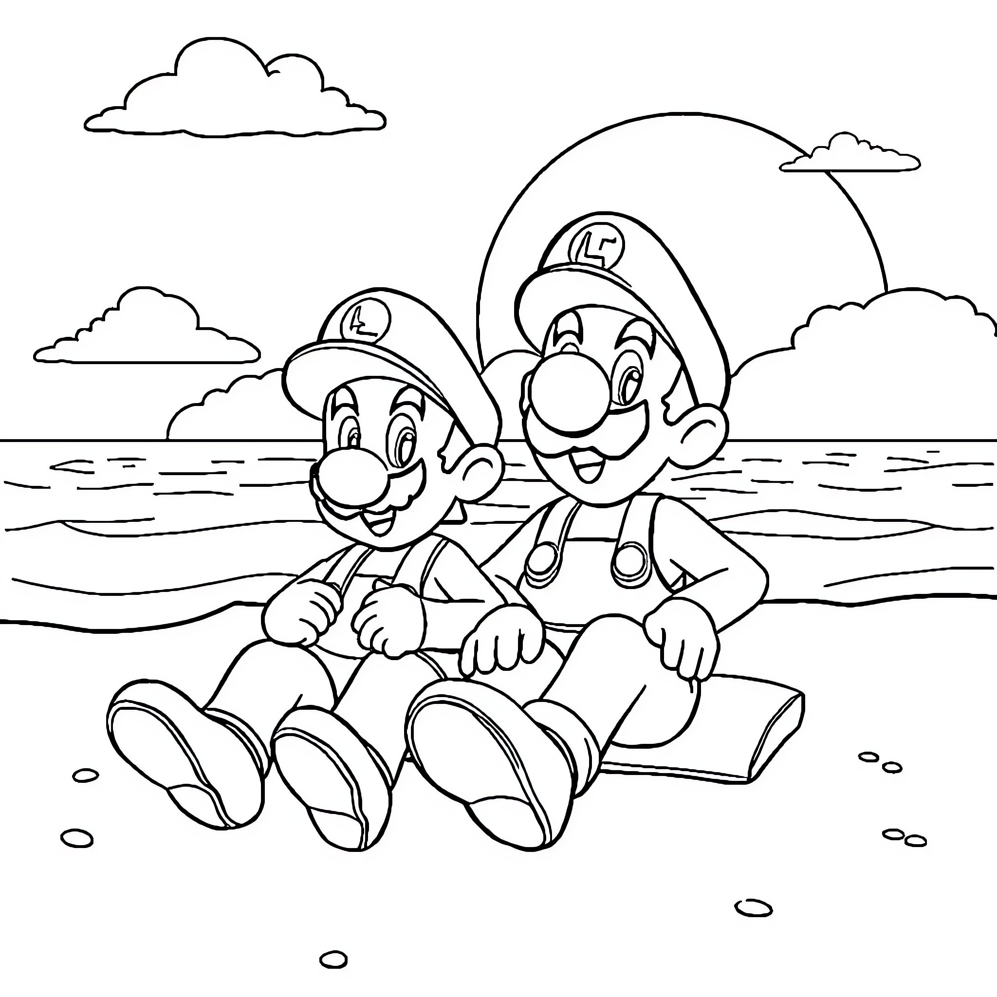 Mario and Luigi playing at the beach Coloring Page (free black-and-white line drawing printable PDF for all, from beginners to advanced learners, including children, teens, adults, and seniors)