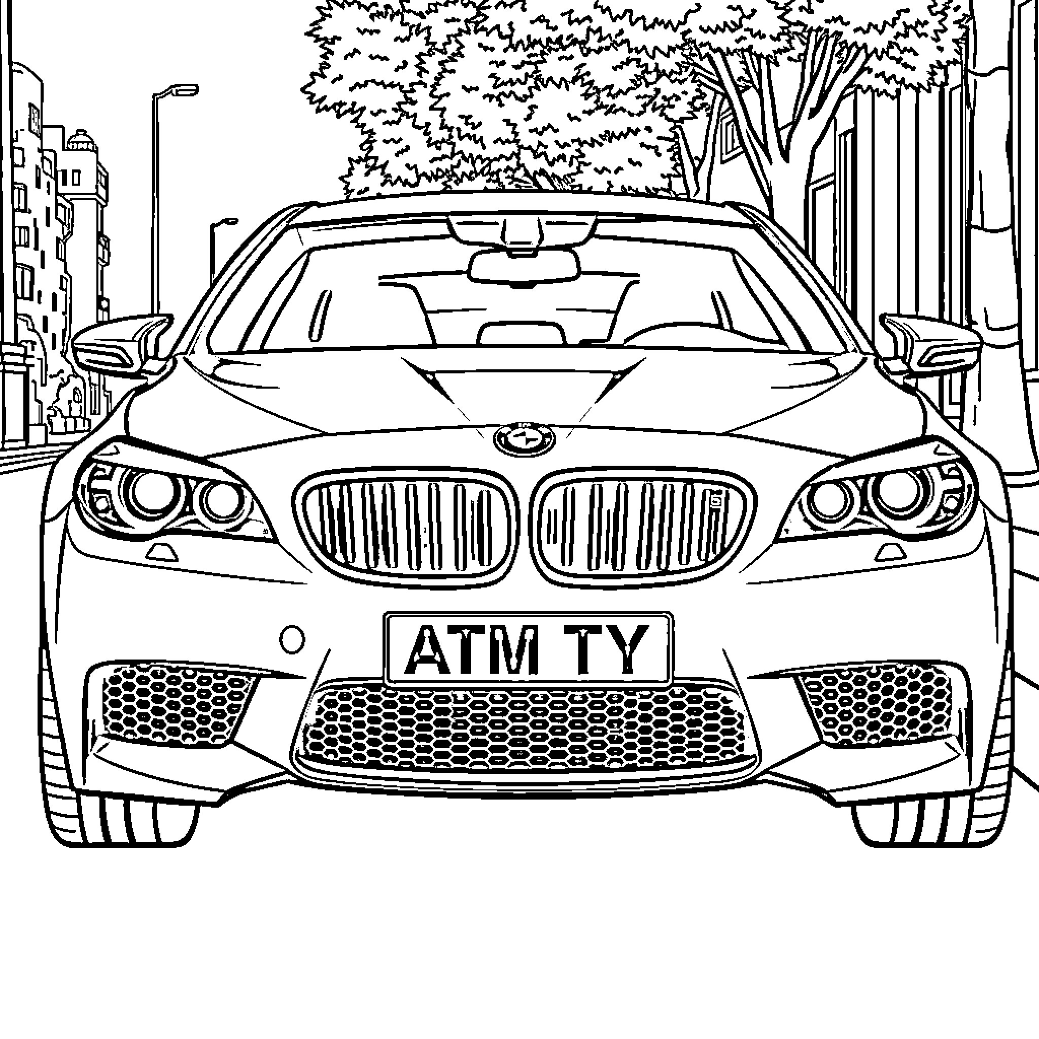 BMW M5 on the city street Coloring Page (free black-and-white line drawing printable PDF for all, from beginners to advanced learners, including children, teens, adults, and seniors)