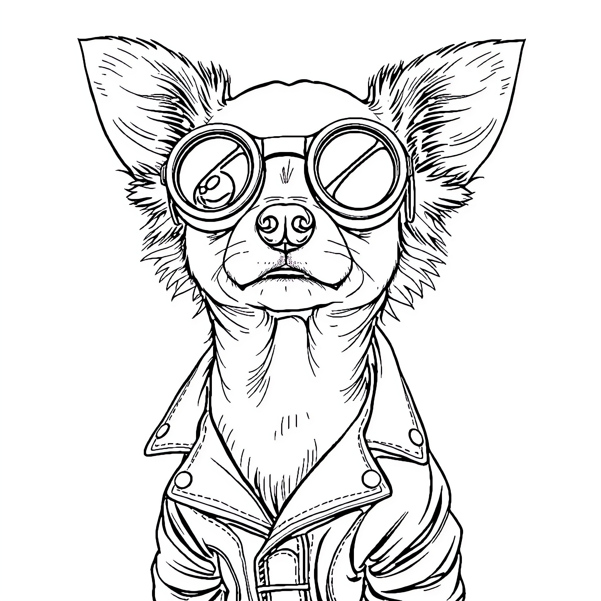 Chihuahua in Stylish Eyeglasses and Leather Jacket Coloring Page (free black-and-white line drawing printable PDF for all, from beginners to advanced learners, including children, teens, adults, and seniors)
