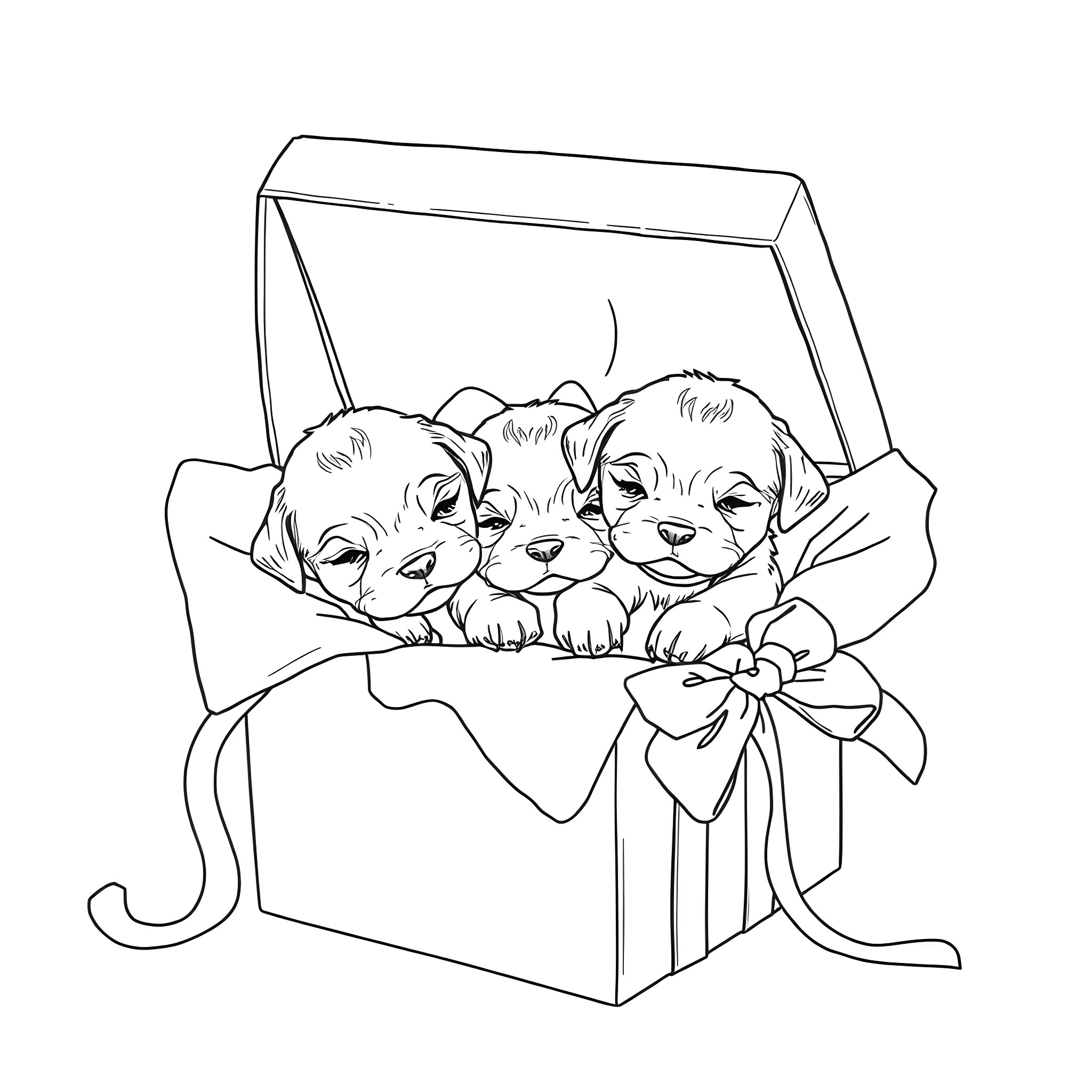 Dog puppies inside a gift box Coloring Page (free black-and-white line drawing printable PDF for all, from beginners to advanced learners, including children, teens, adults, and seniors)