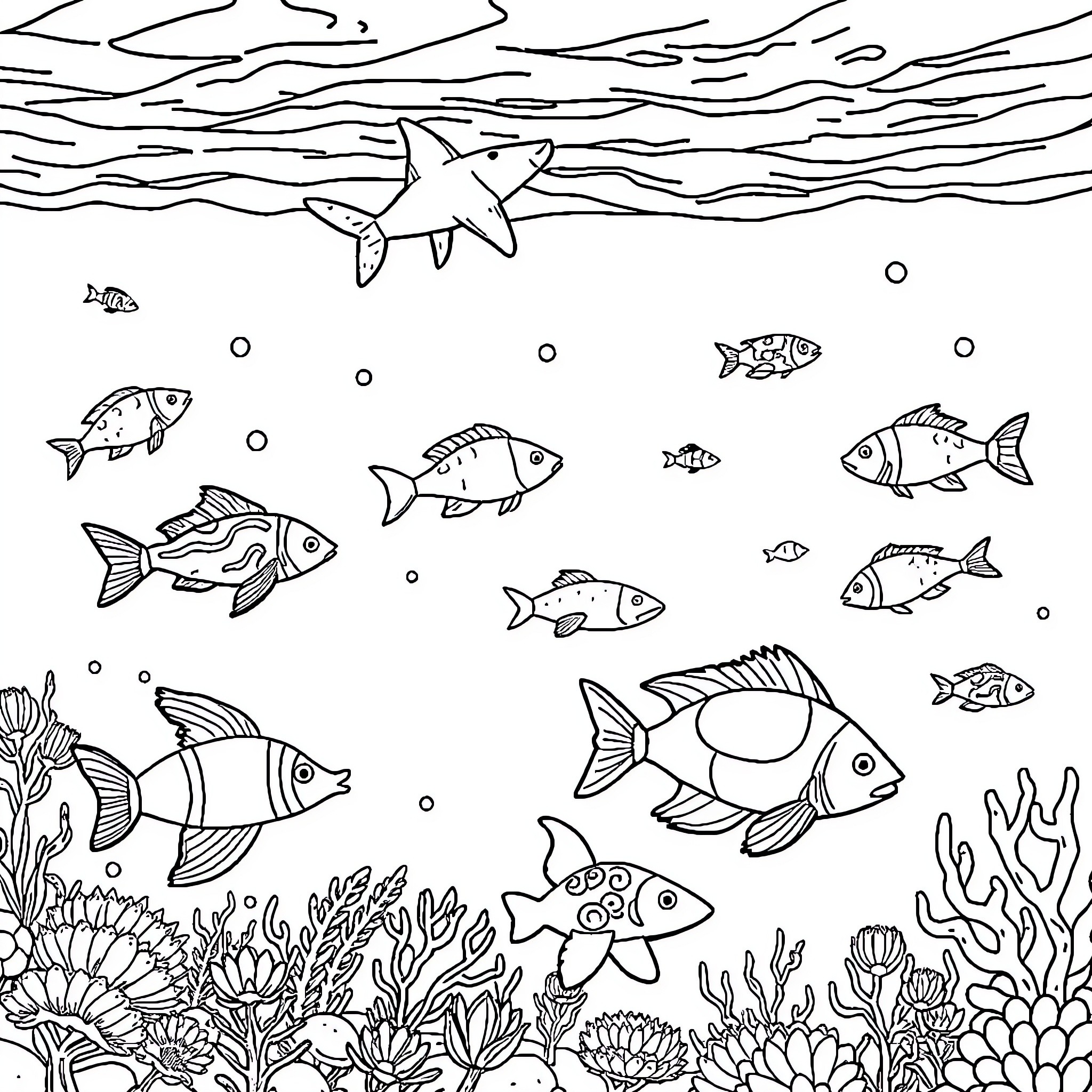 Sea Creature Underwater Adventure Coloring Page (free black-and-white line drawing printable PDF for all, from beginners to advanced learners, including children, teens, adults, and seniors)