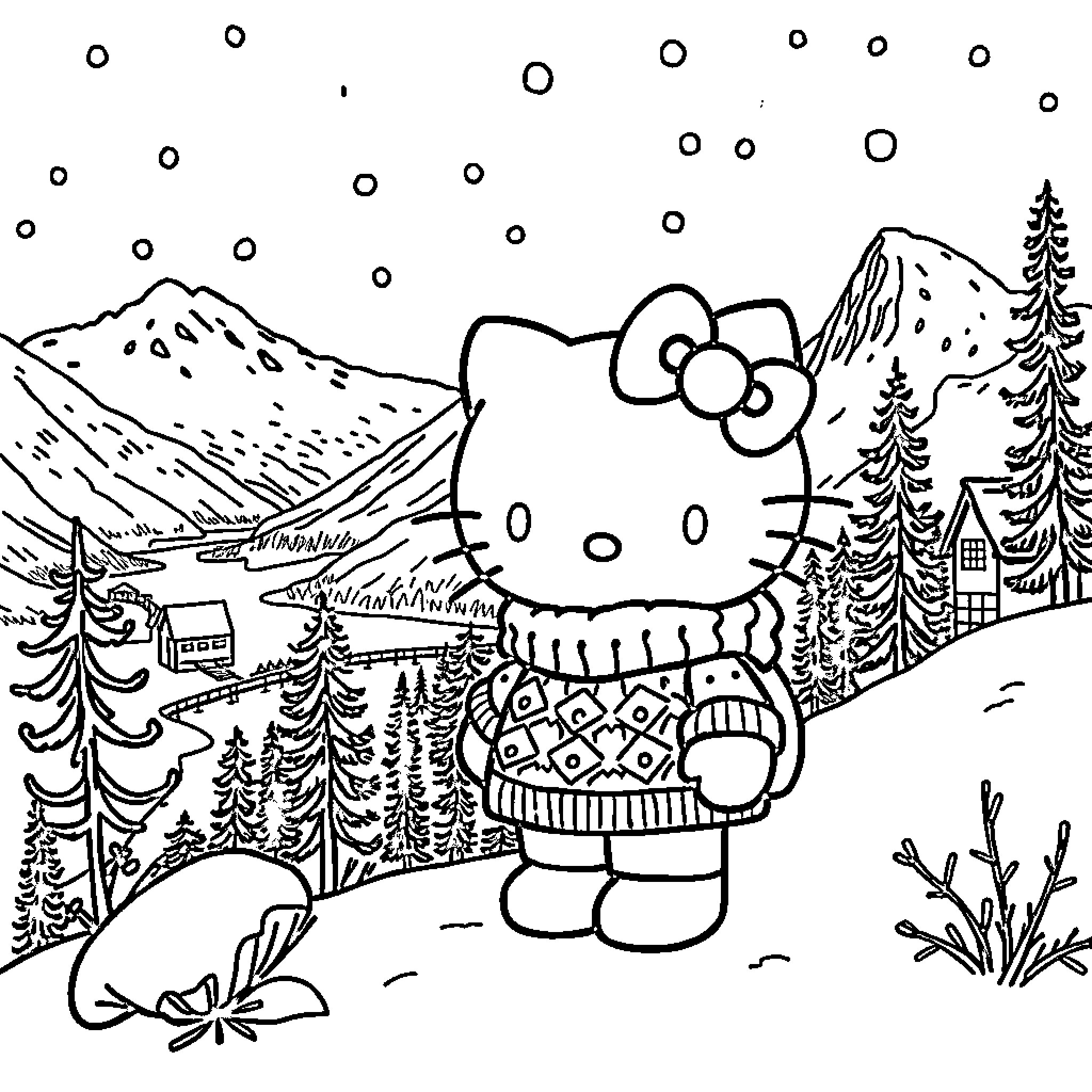 Hello Kitty enjoying a winter wonderland scene Coloring Page (free black-and-white line drawing printable PDF for all, from beginners to advanced learners, including children, teens, adults, and seniors)