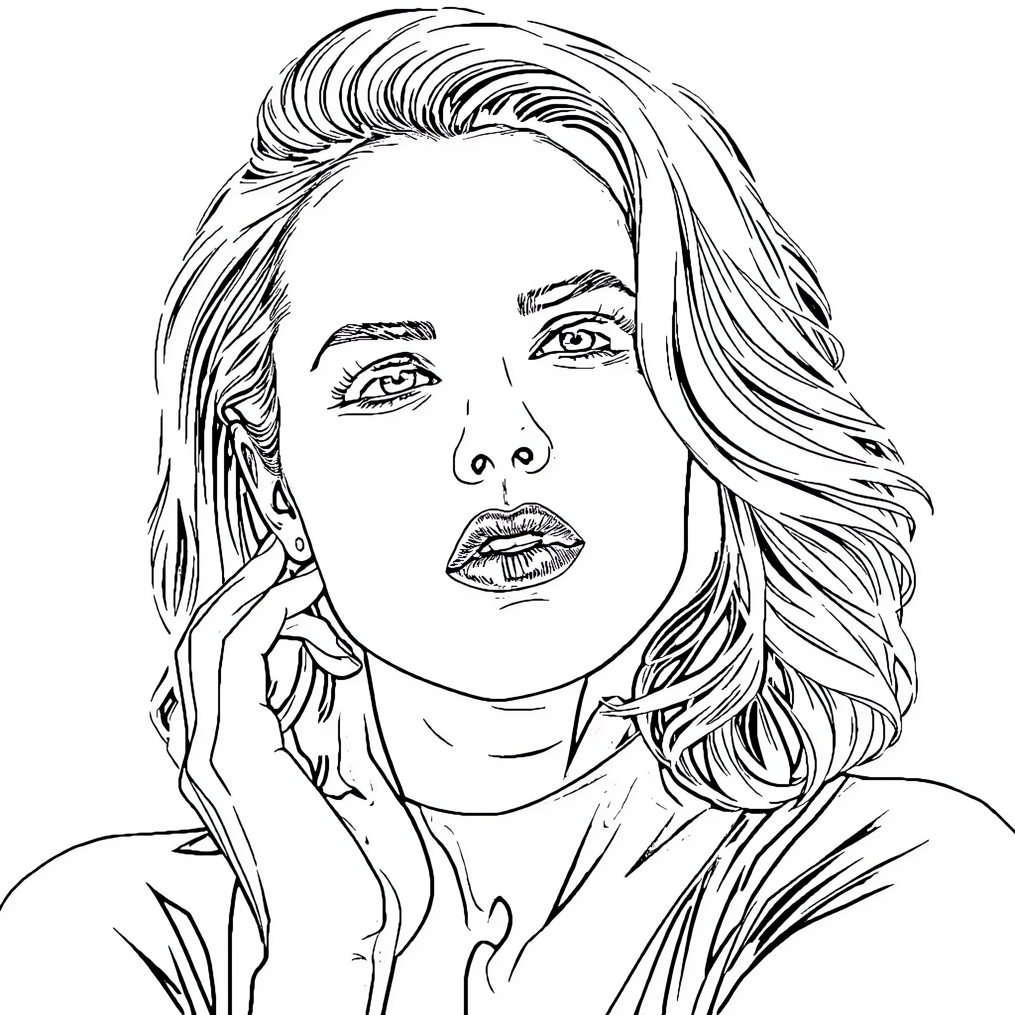 Scarlet Johansson in Pensive Contemplation Coloring Page (free black-and-white line drawing printable PDF for all, from beginners to advanced learners, including children, teens, adults, and seniors)
