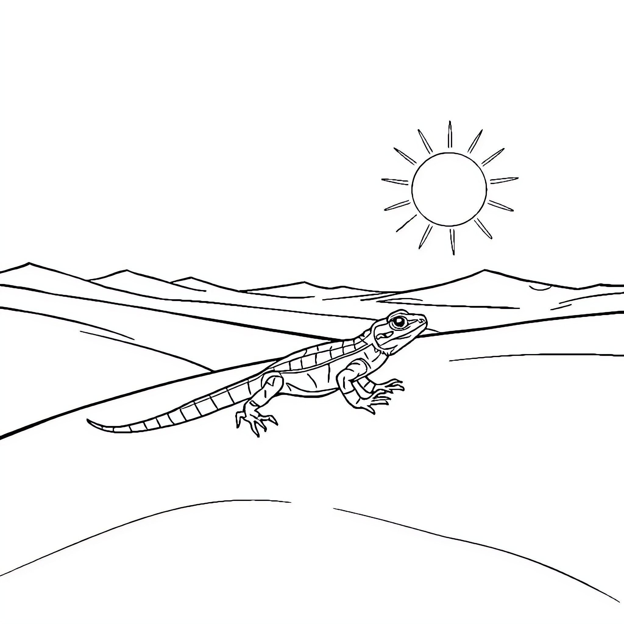 Lizard sunbathing in the desert landscape Coloring Page (free black-and-white line drawing printable PDF for all, from beginners to advanced learners, including children, teens, adults, and seniors)