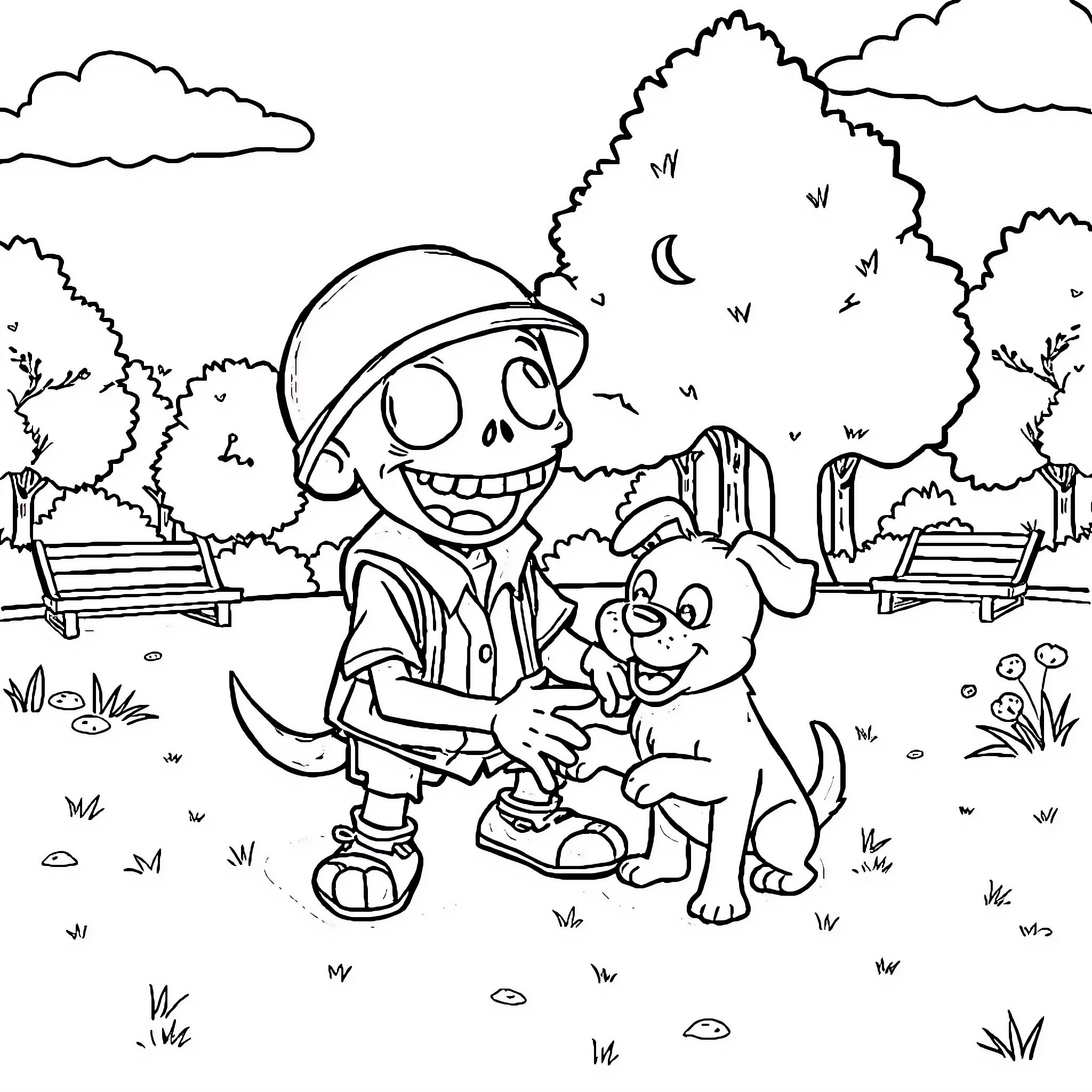 Zombie Soldier Bonding with Puppy in Park Coloring Page (free black-and-white line drawing printable PDF for all, from beginners to advanced learners, including children, teens, adults, and seniors)