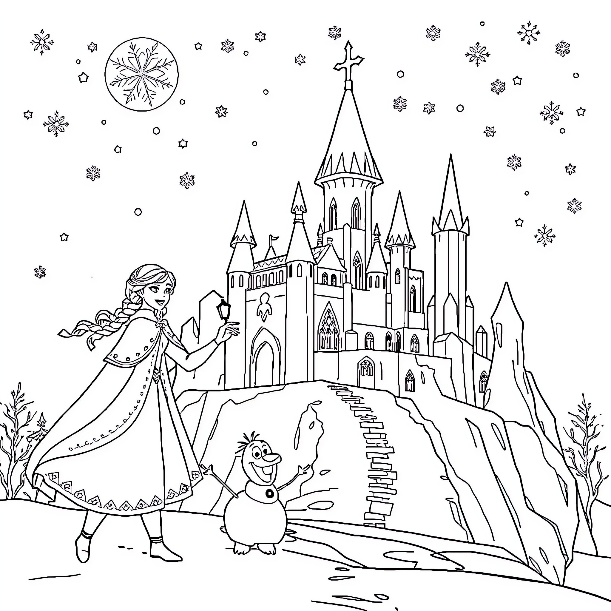 Frozen Scene of Princess and Snowman in Snowy Castle Coloring Page (free black-and-white line drawing printable PDF for all, from beginners to advanced learners, including children, teens, adults, and seniors)