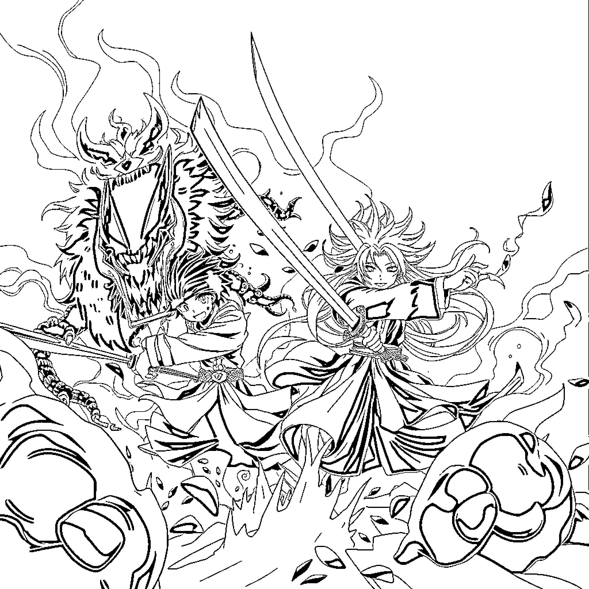 Demon Slayer Characters in Intense Battle Coloring Page (free black-and-white line drawing printable PDF for all, from beginners to advanced learners, including children, teens, adults, and seniors)