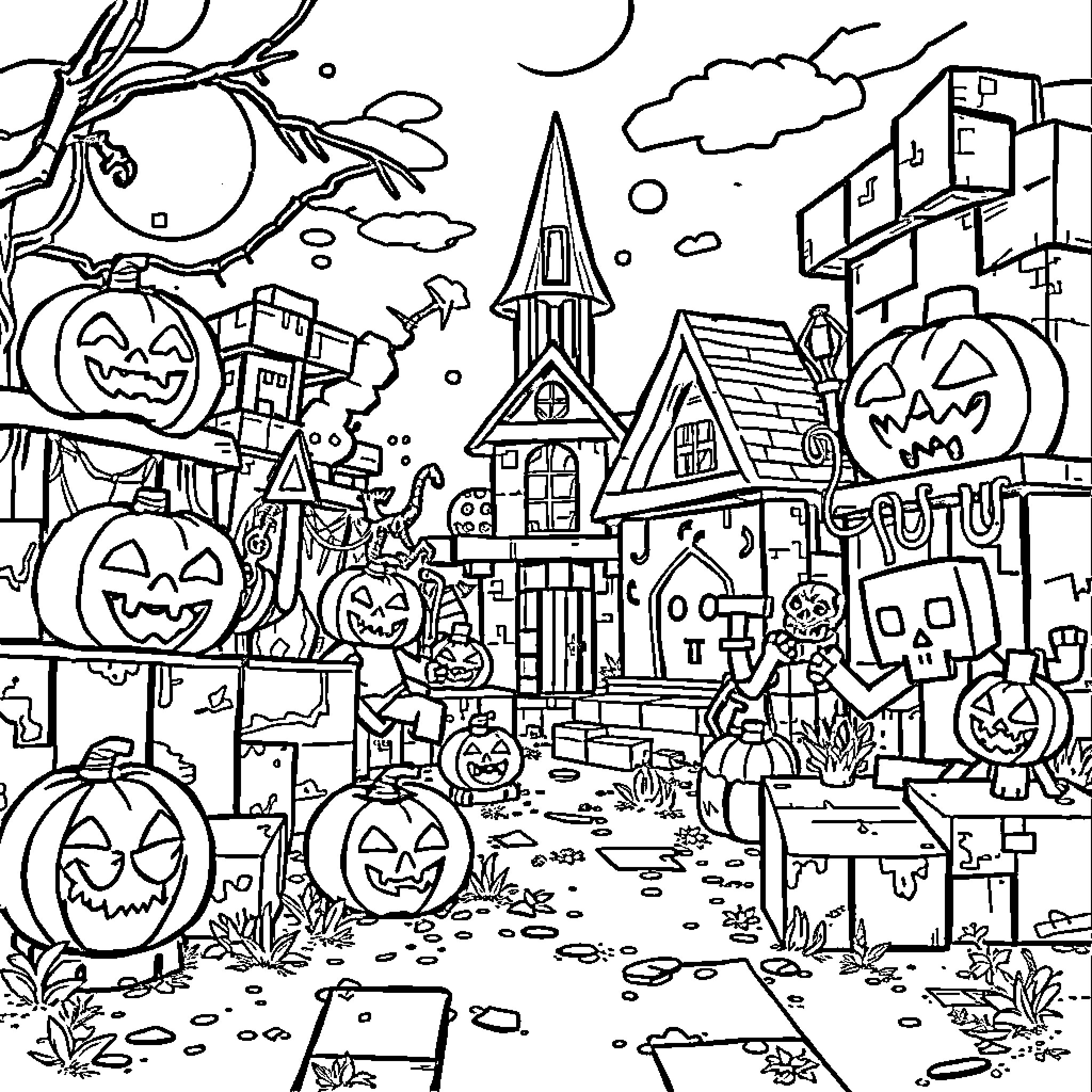 Minecraft Halloween Town Scene with Pumpkins and Spooky Elements Coloring Page (free black-and-white line drawing printable PDF for all, from beginners to advanced learners, including children, teens, adults, and seniors)