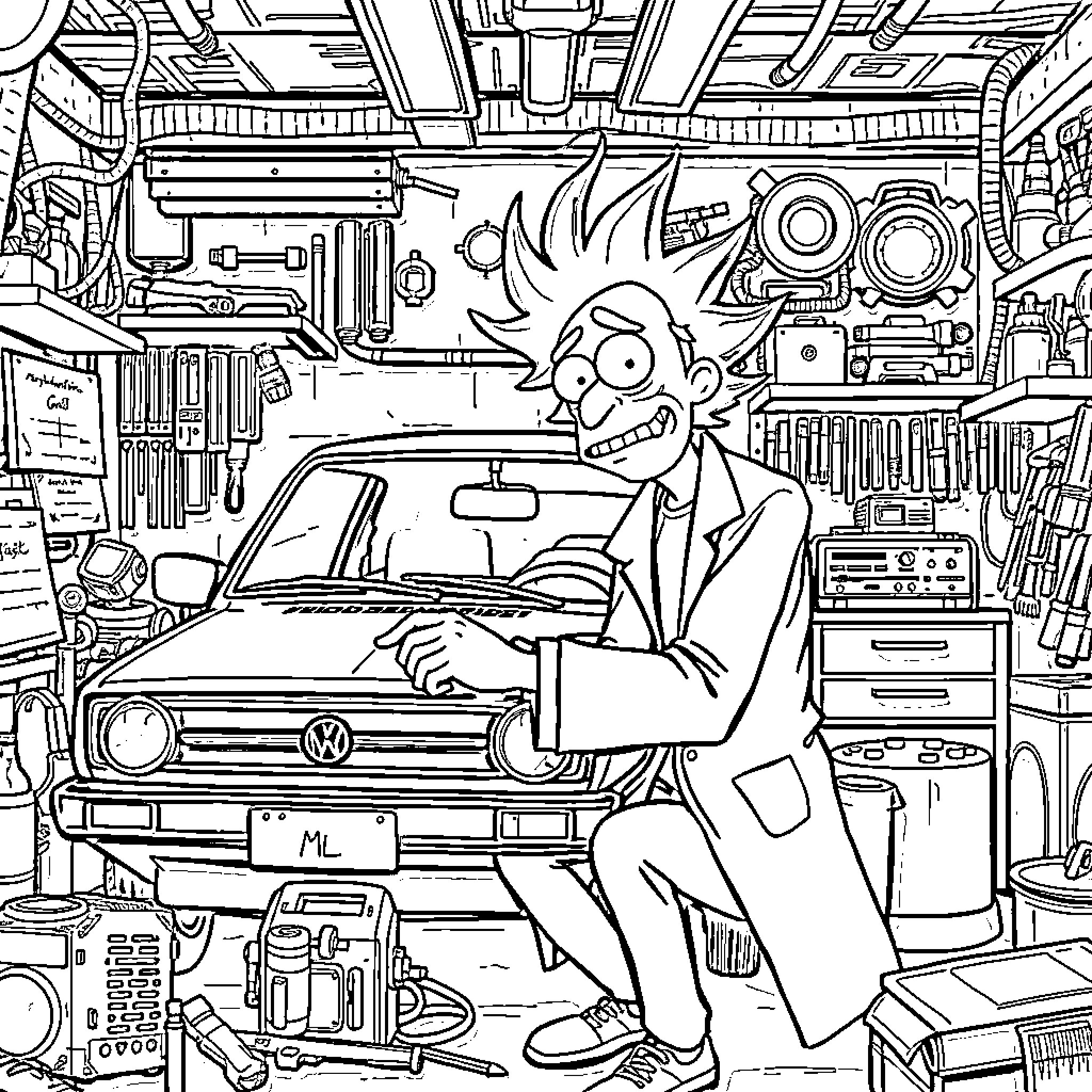Rick Sanchez tinkering with his inventions in the garage Coloring Page (free black-and-white line drawing printable PDF for all, from beginners to advanced learners, including children, teens, adults, and seniors)
