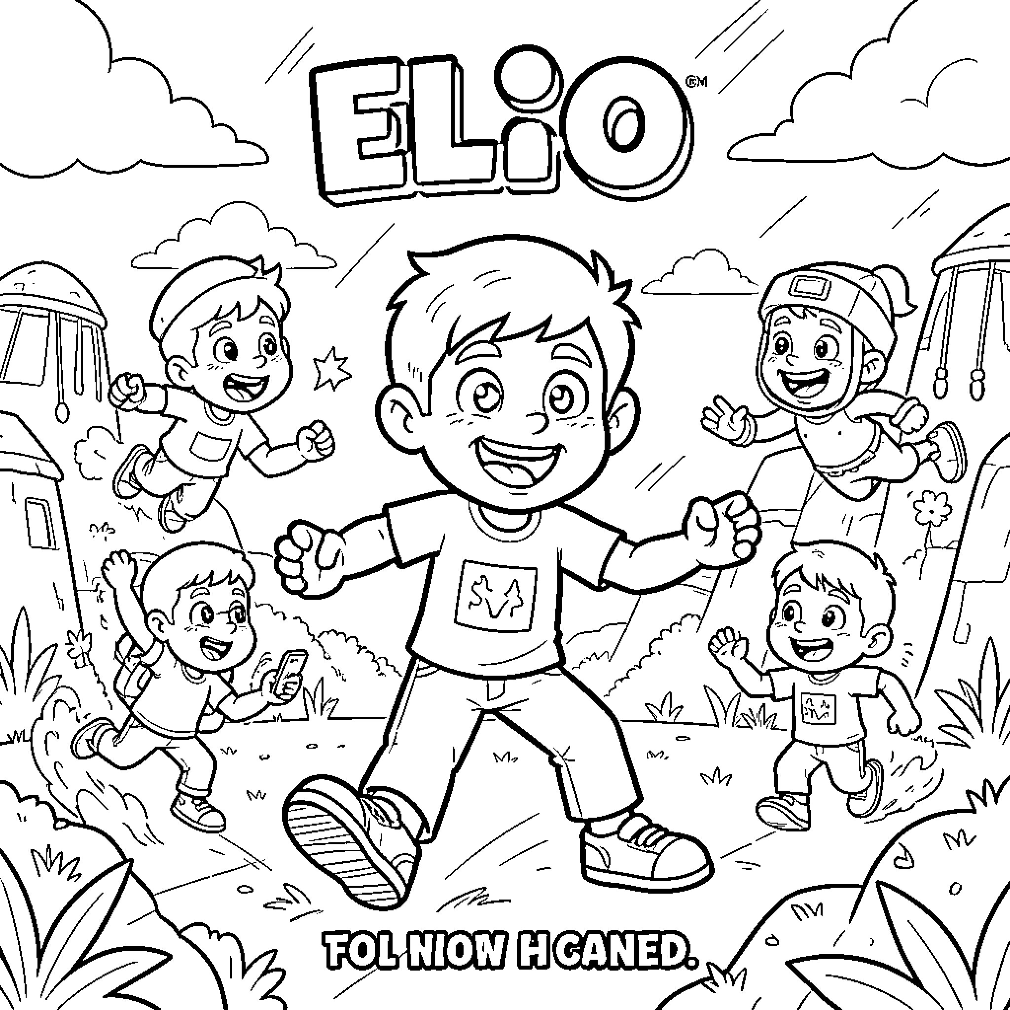 Elio and friends running and celebrating joyfully together Coloring Page (free black-and-white line drawing printable PDF for all, from beginners to advanced learners, including children, teens, adults, and seniors)