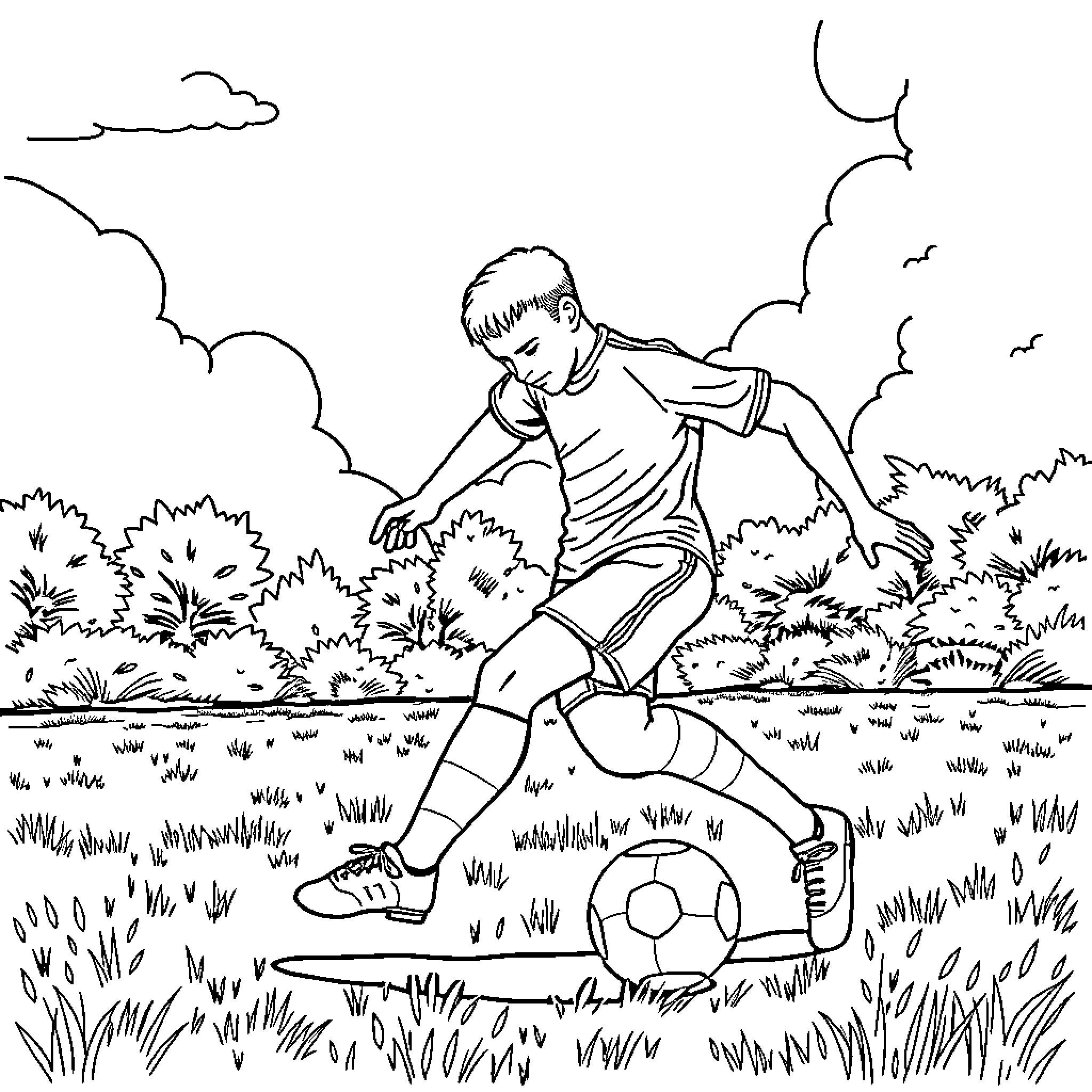 Tennis Ball Kicking Scene in Outdoor Nature Setting Coloring Page (free black-and-white line drawing printable PDF for all, from beginners to advanced learners, including children, teens, adults, and seniors)