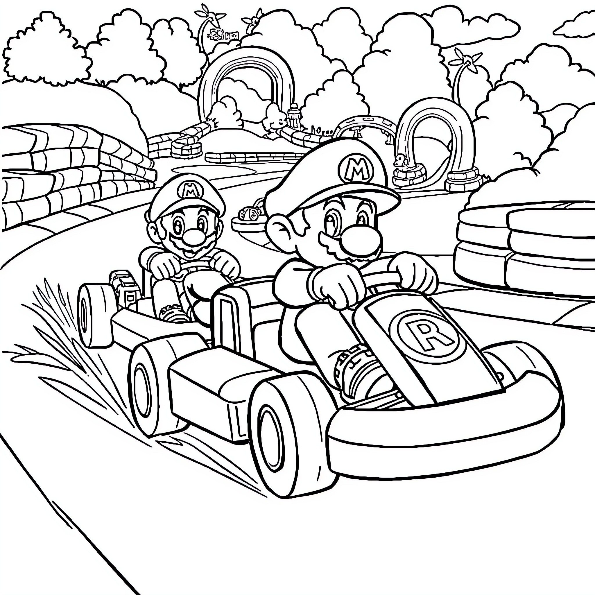 Mario Brothers Racing in Karts on a Winding Track Coloring Page (free black-and-white line drawing printable PDF for all, from beginners to advanced learners, including children, teens, adults, and seniors)