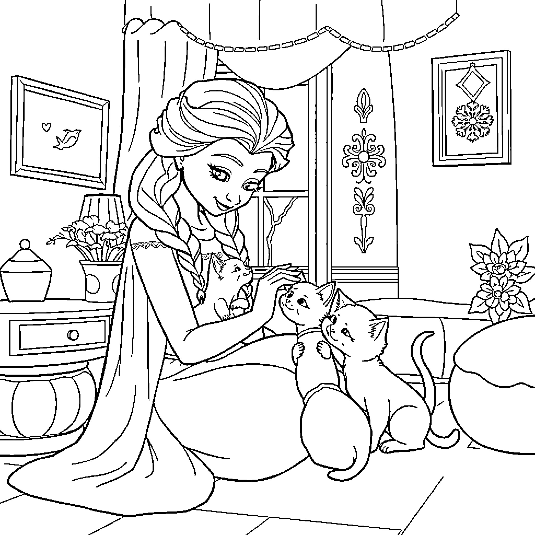 Elsa comforting adorable kittens in a cozy bedroom Coloring Page (free black-and-white line drawing printable PDF for all, from beginners to advanced learners, including children, teens, adults, and seniors)