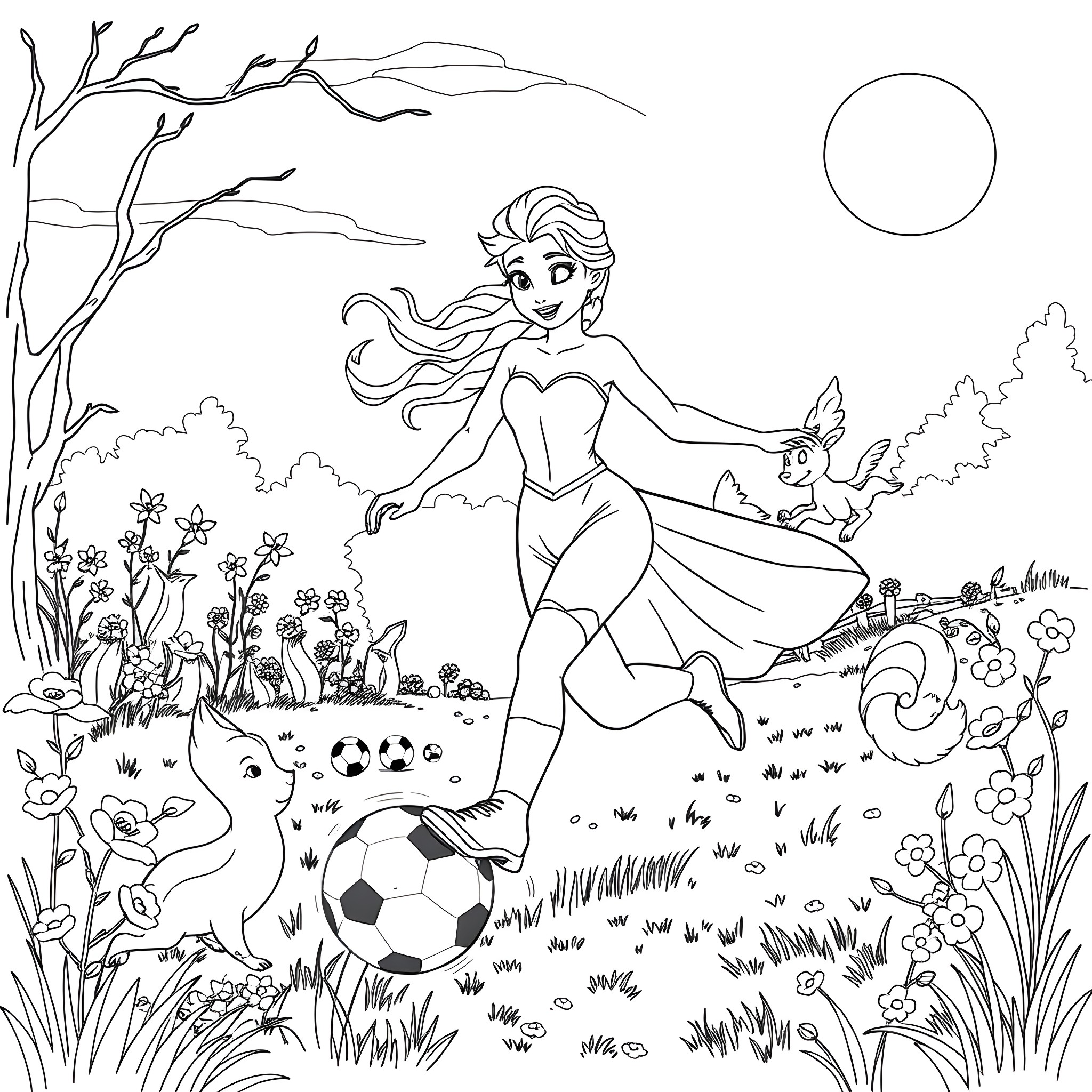 Elsa playing with animals in a magical forest Coloring Page (free black-and-white line drawing printable PDF for all, from beginners to advanced learners, including children, teens, adults, and seniors)