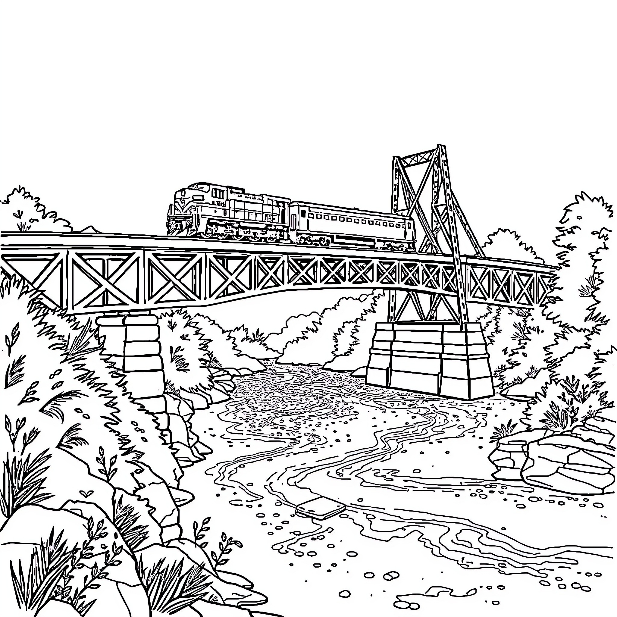 Train crossing a bridge through scenic landscape Coloring Page (free black-and-white line drawing printable PDF for all, from beginners to advanced learners, including children, teens, adults, and seniors)
