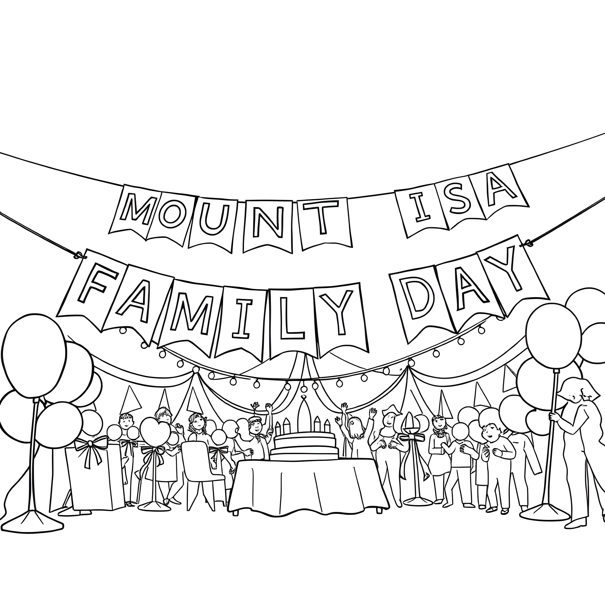 Bunting depicting a lively Mount Isa Family Day celebration Coloring Page (free black-and-white line drawing printable PDF for all, from beginners to advanced learners, including children, teens, adults, and seniors)