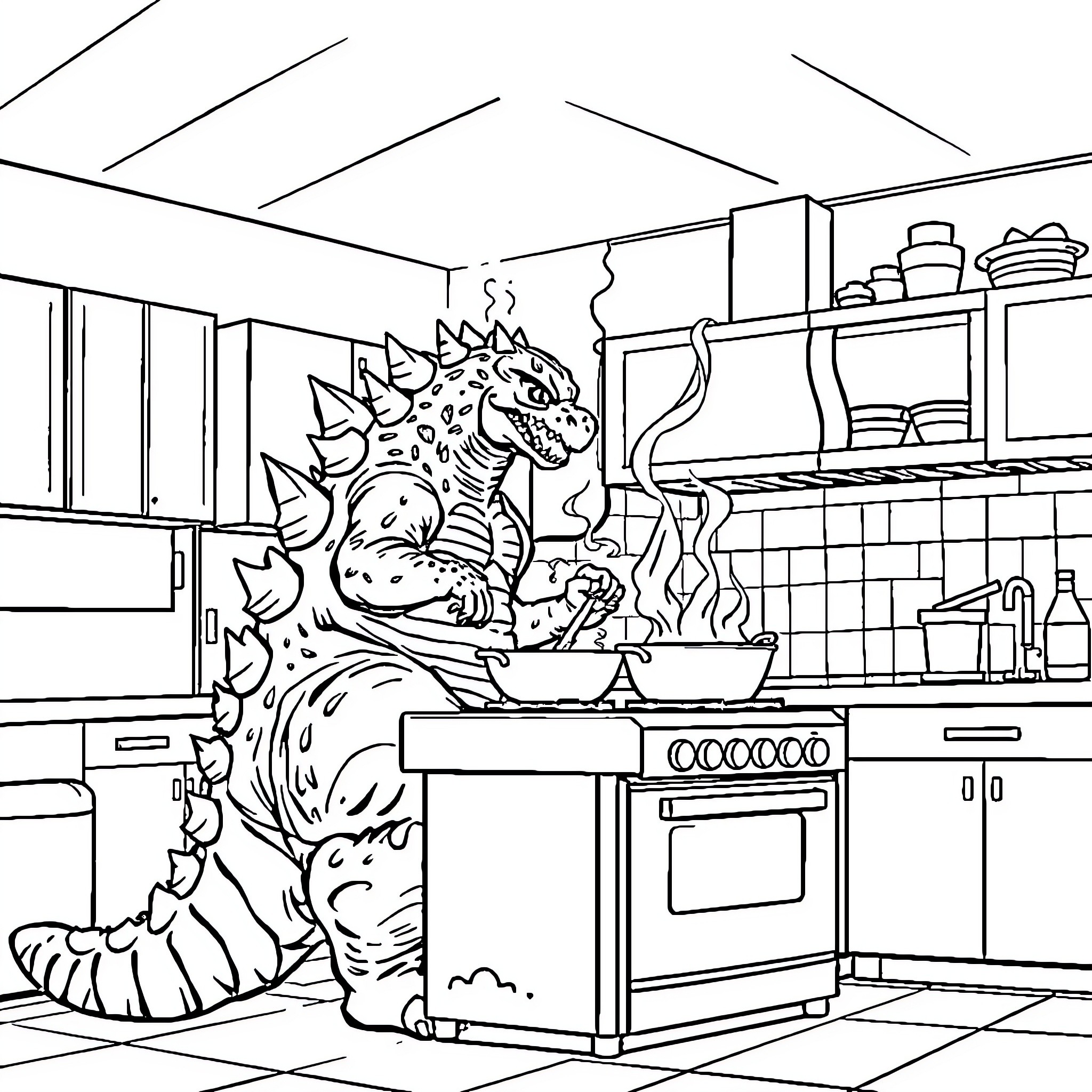 Godzilla cooking in a kitchen Coloring Page (free black-and-white line drawing printable PDF for all, from beginners to advanced learners, including children, teens, adults, and seniors)