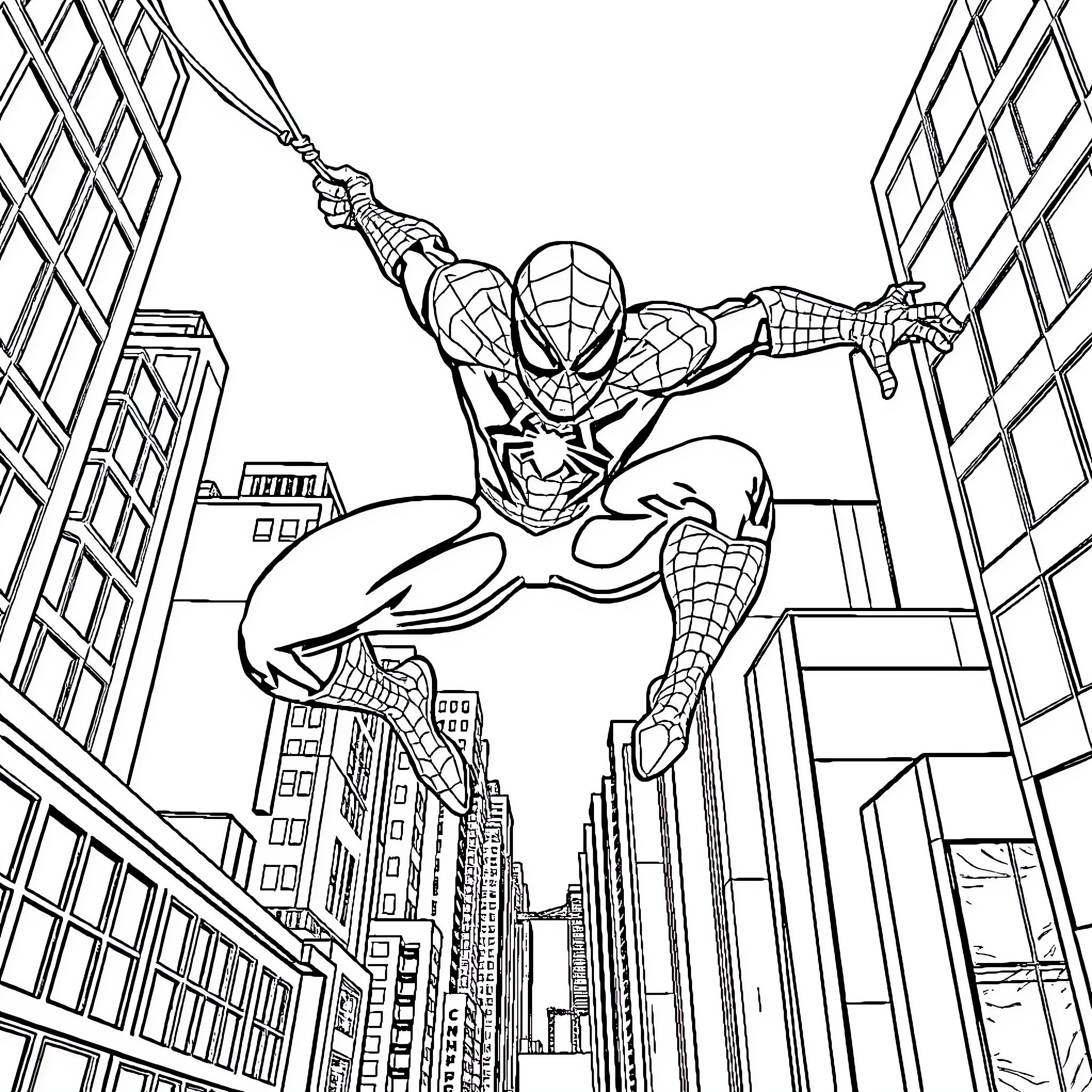 Spiderman swinging through the city Coloring Page (free black-and-white line drawing printable PDF for all, from beginners to advanced learners, including children, teens, adults, and seniors)