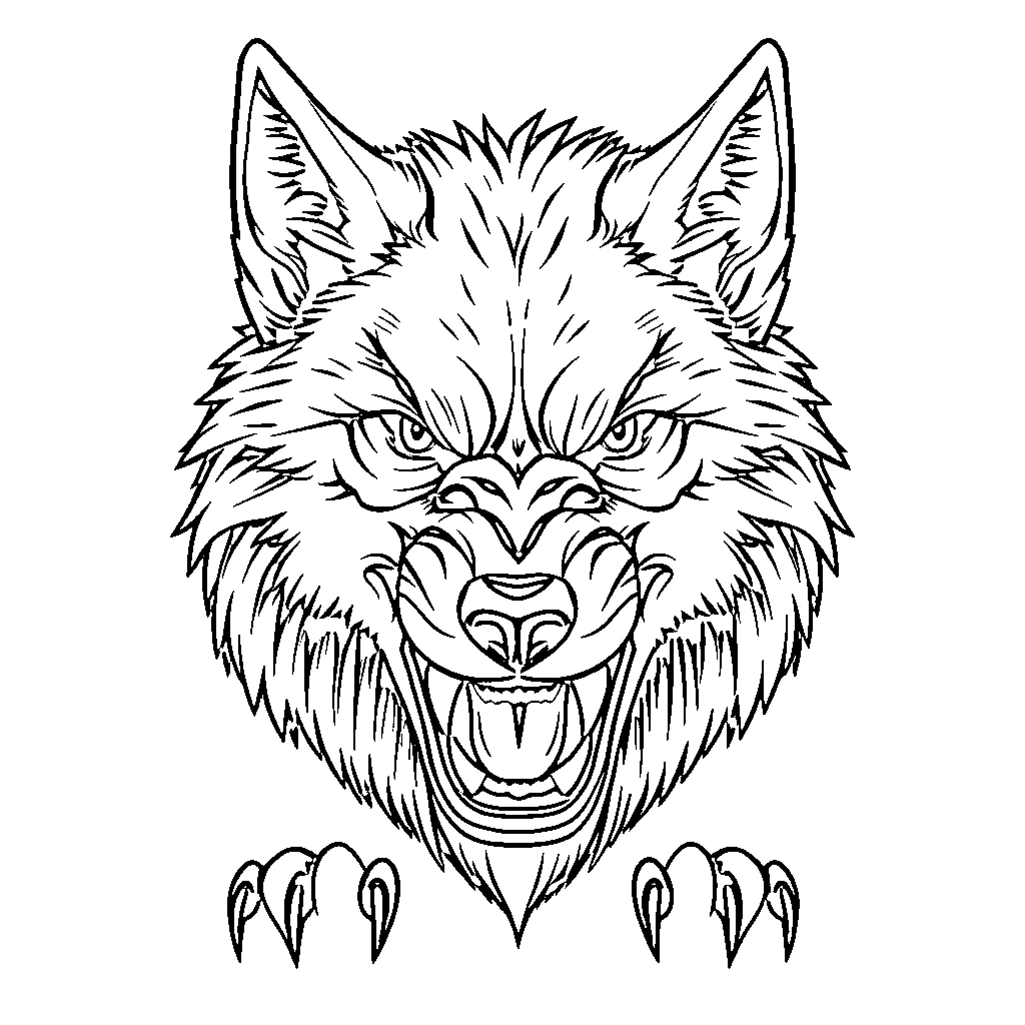 Wolf baring ferocious fangs with sharp claws Coloring Page (free black-and-white line drawing printable PDF for all, from beginners to advanced learners, including children, teens, adults, and seniors)
