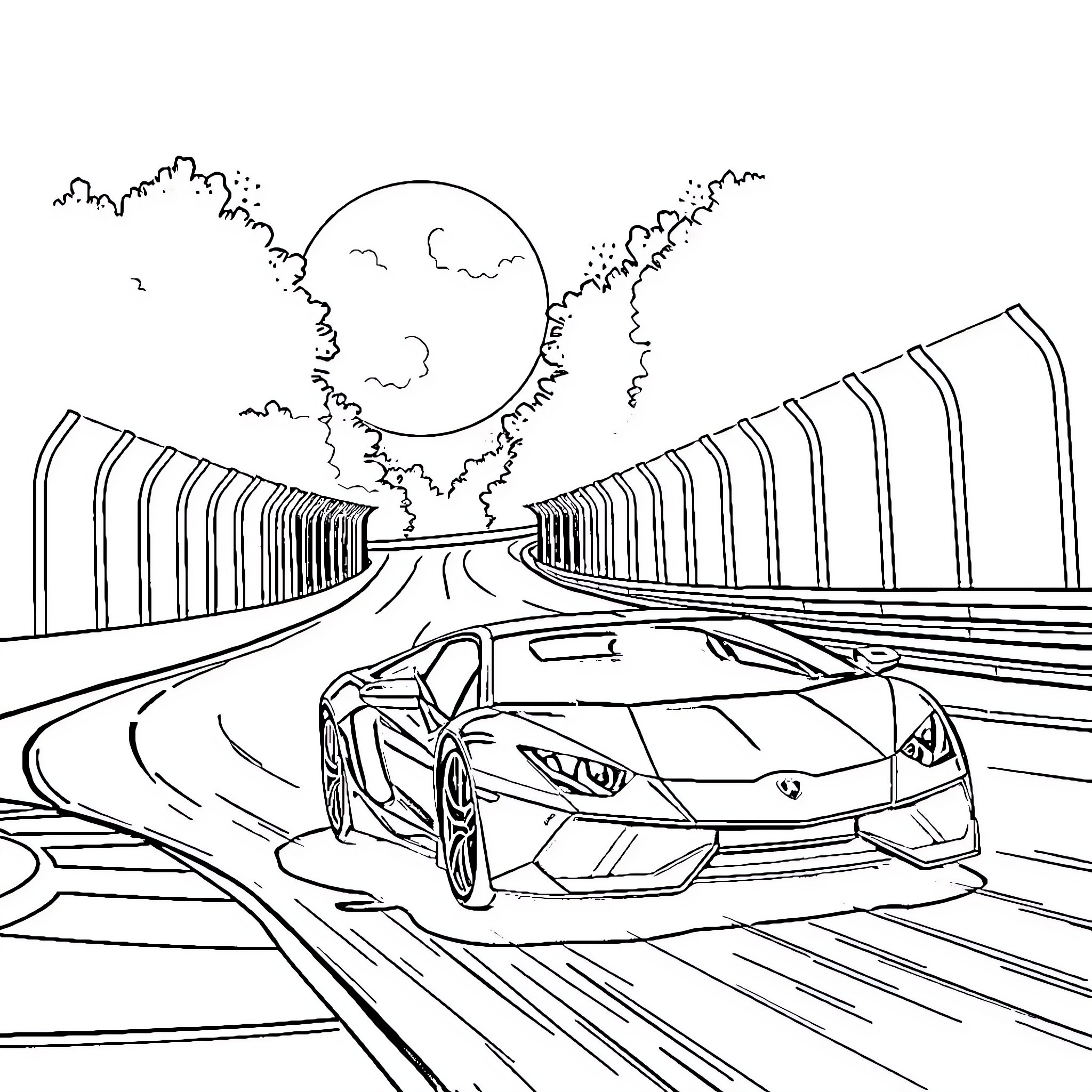 Lamborghini speeding on the highway under the moonlight Coloring Page (free black-and-white line drawing printable PDF for all, from beginners to advanced learners, including children, teens, adults, and seniors)