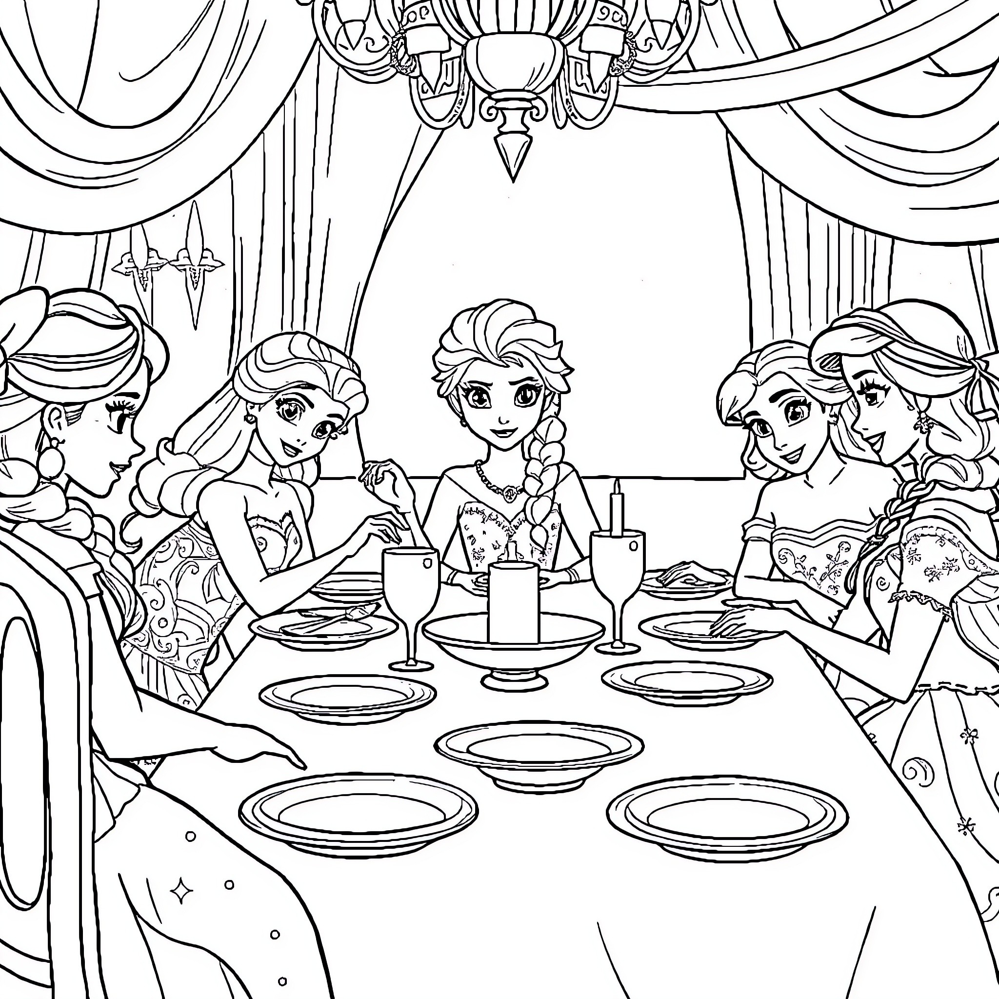Princess Enjoying Fancy Dinner with Friends Coloring Page (free black-and-white line drawing printable PDF for all, from beginners to advanced learners, including children, teens, adults, and seniors)