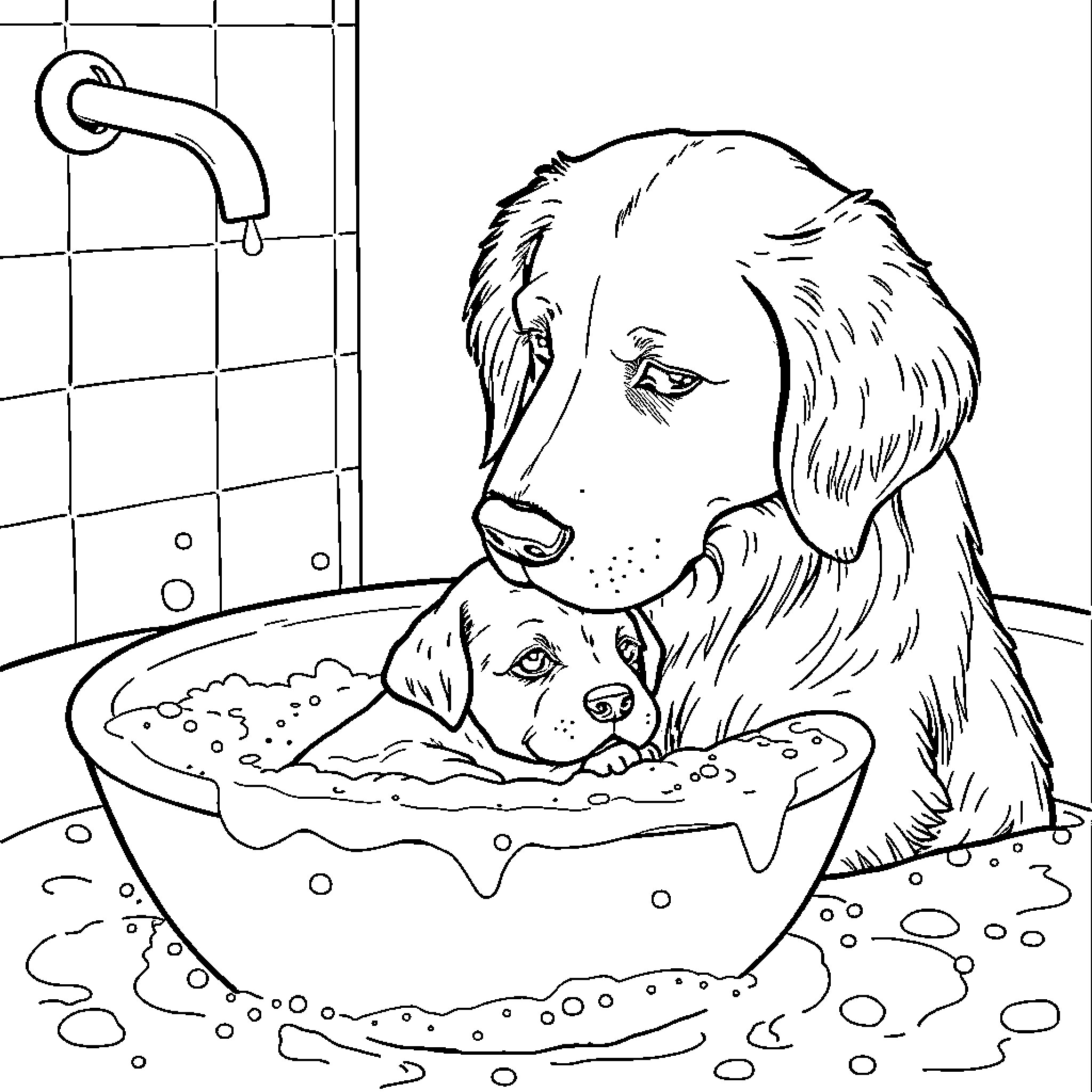 Dog taking a relaxing bubble bath Coloring Page (free black-and-white line drawing printable PDF for all, from beginners to advanced learners, including children, teens, adults, and seniors)