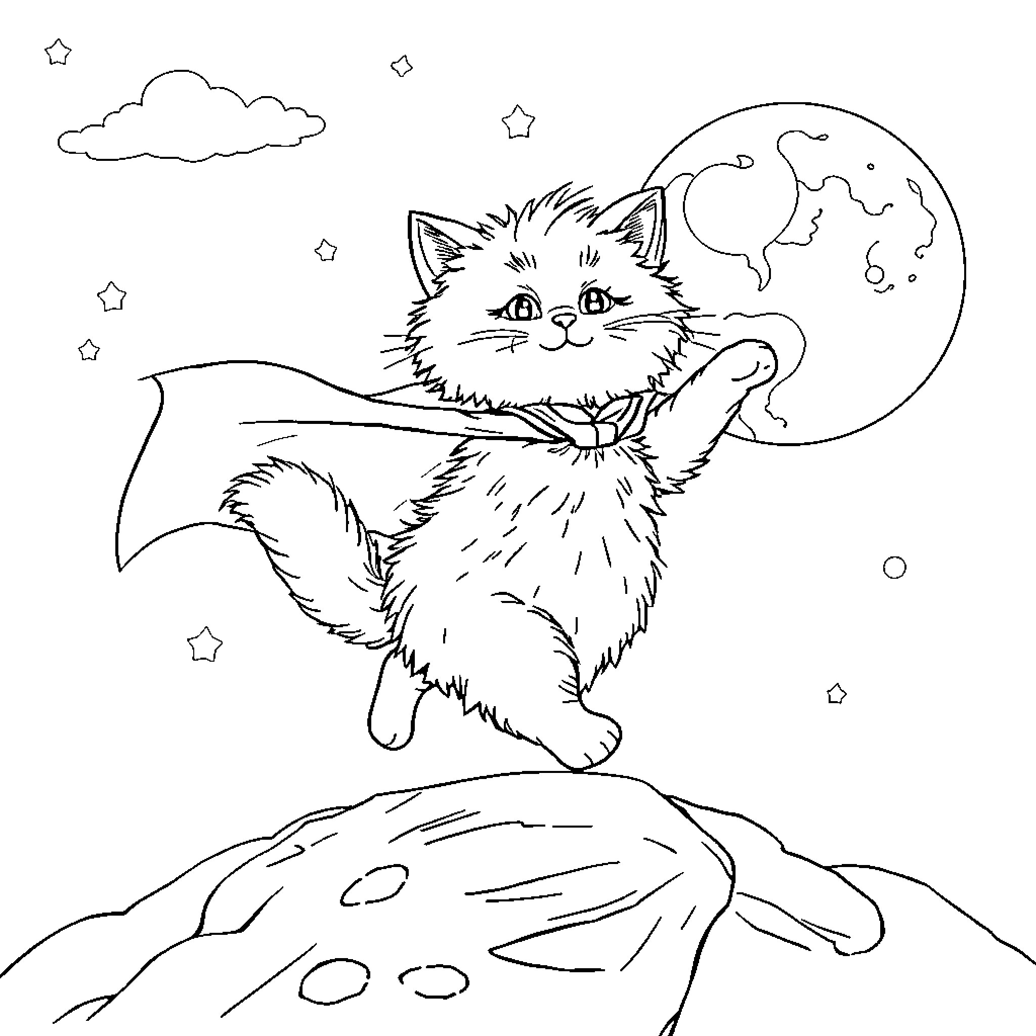 Cat gazing at the night sky Coloring Page (free black-and-white line drawing printable PDF for all, from beginners to advanced learners, including children, teens, adults, and seniors)