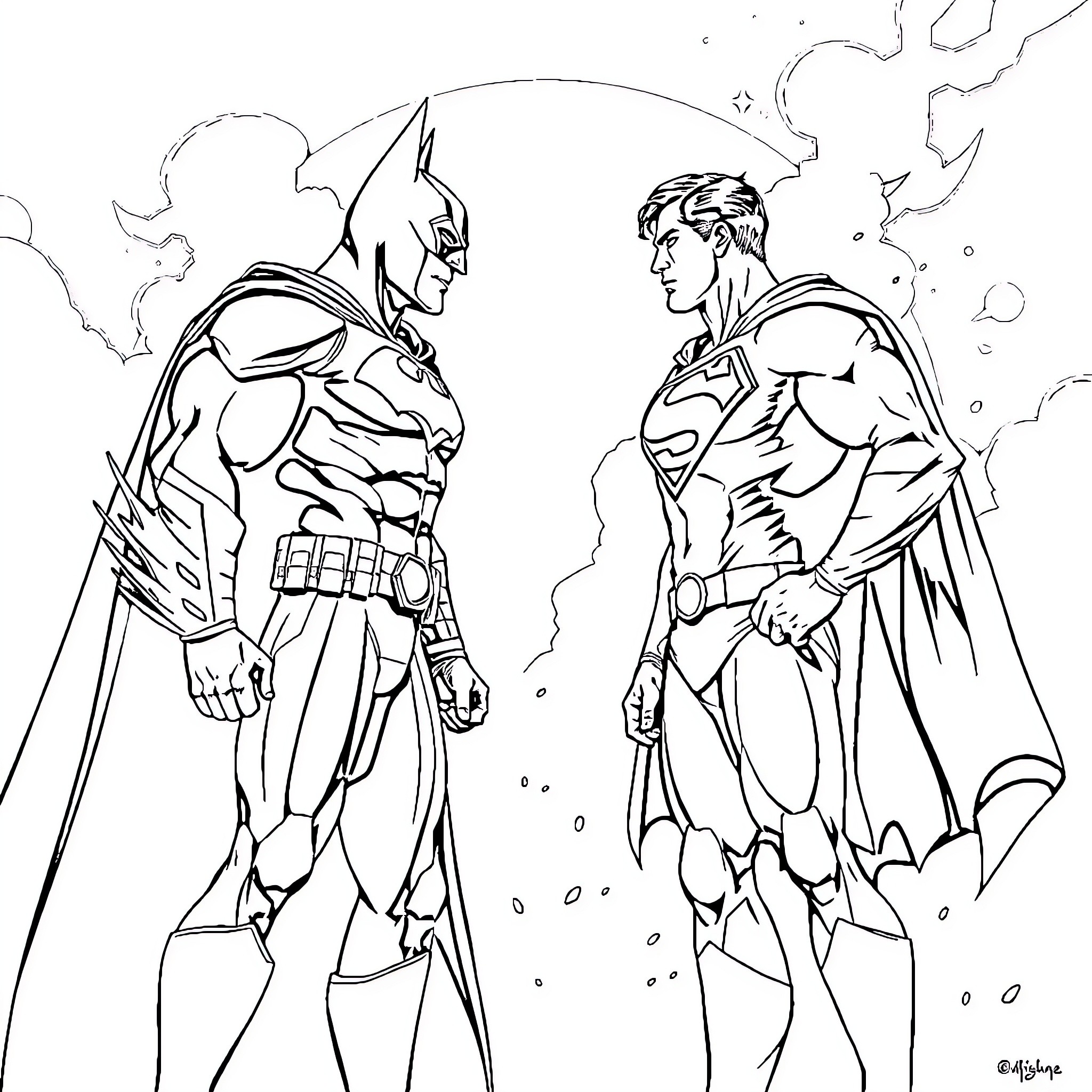 Batman and Superman Facing Off in Action Coloring Page (free black-and-white line drawing printable PDF for all, from beginners to advanced learners, including children, teens, adults, and seniors)