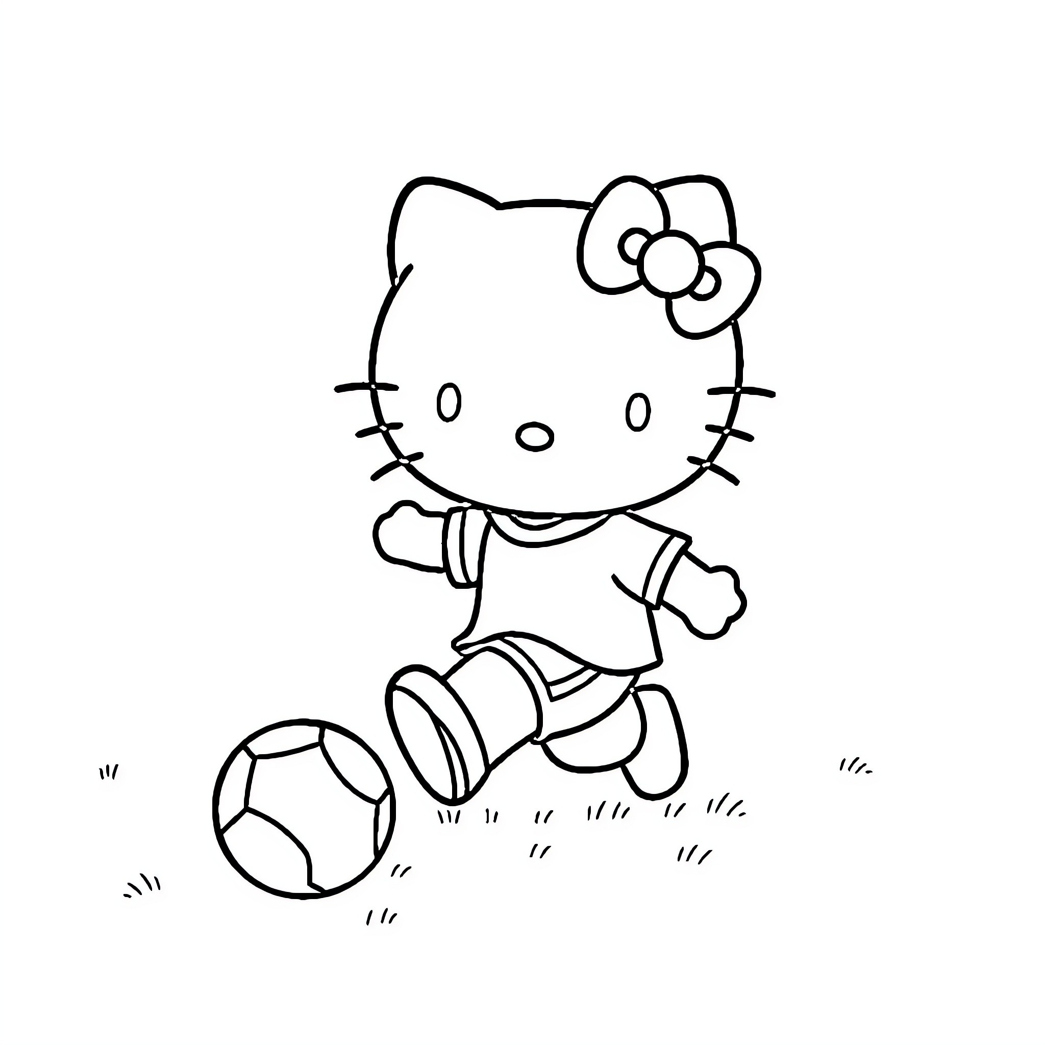 Hello Kitty playing with soccer ball Coloring Page (free black-and-white line drawing printable PDF for all, from beginners to advanced learners, including children, teens, adults, and seniors)