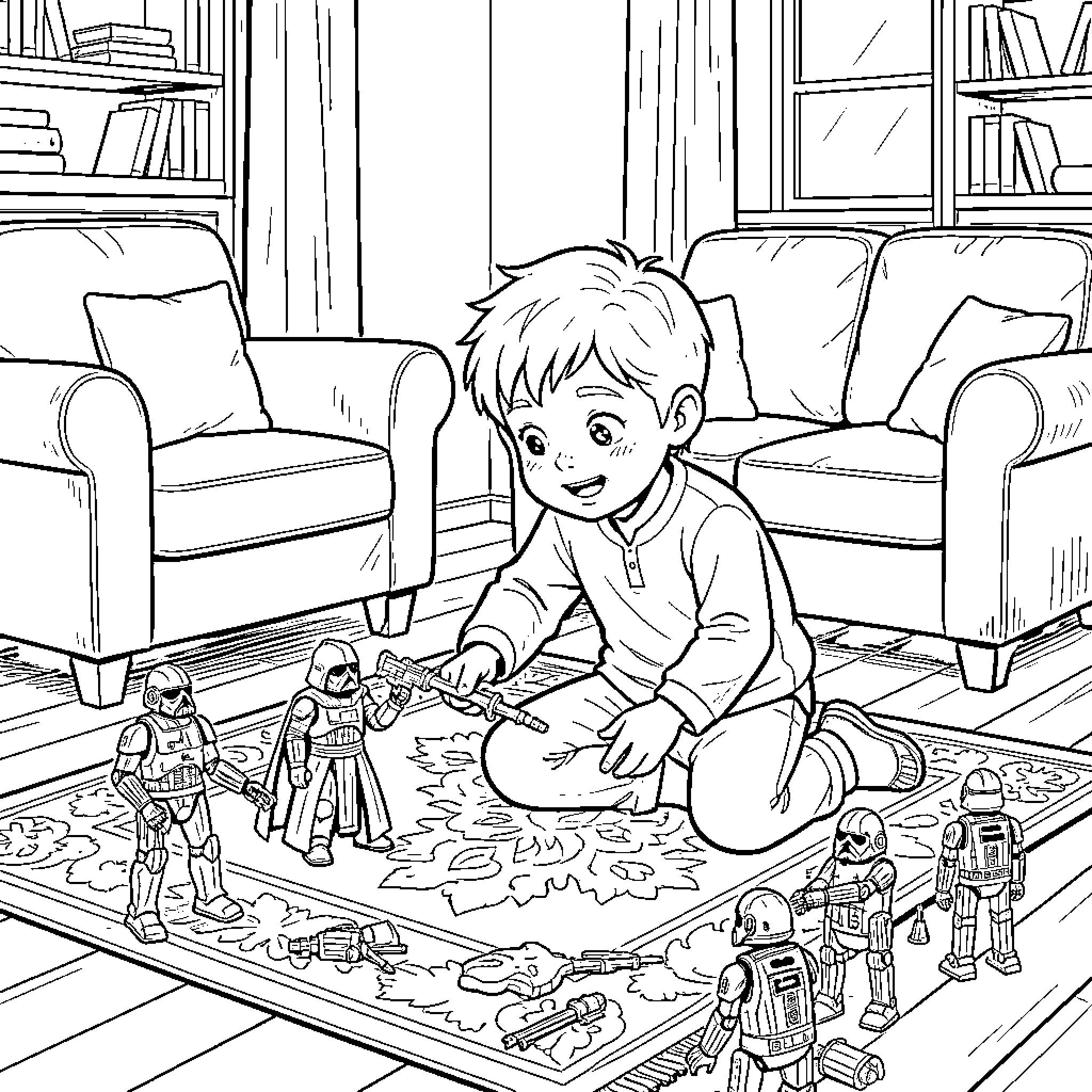 Junge spielt mit Actionfiguren auf einem Teppich Coloring Page (free black-and-white line drawing printable PDF for all, from beginners to advanced learners, including children, teens, adults, and seniors)