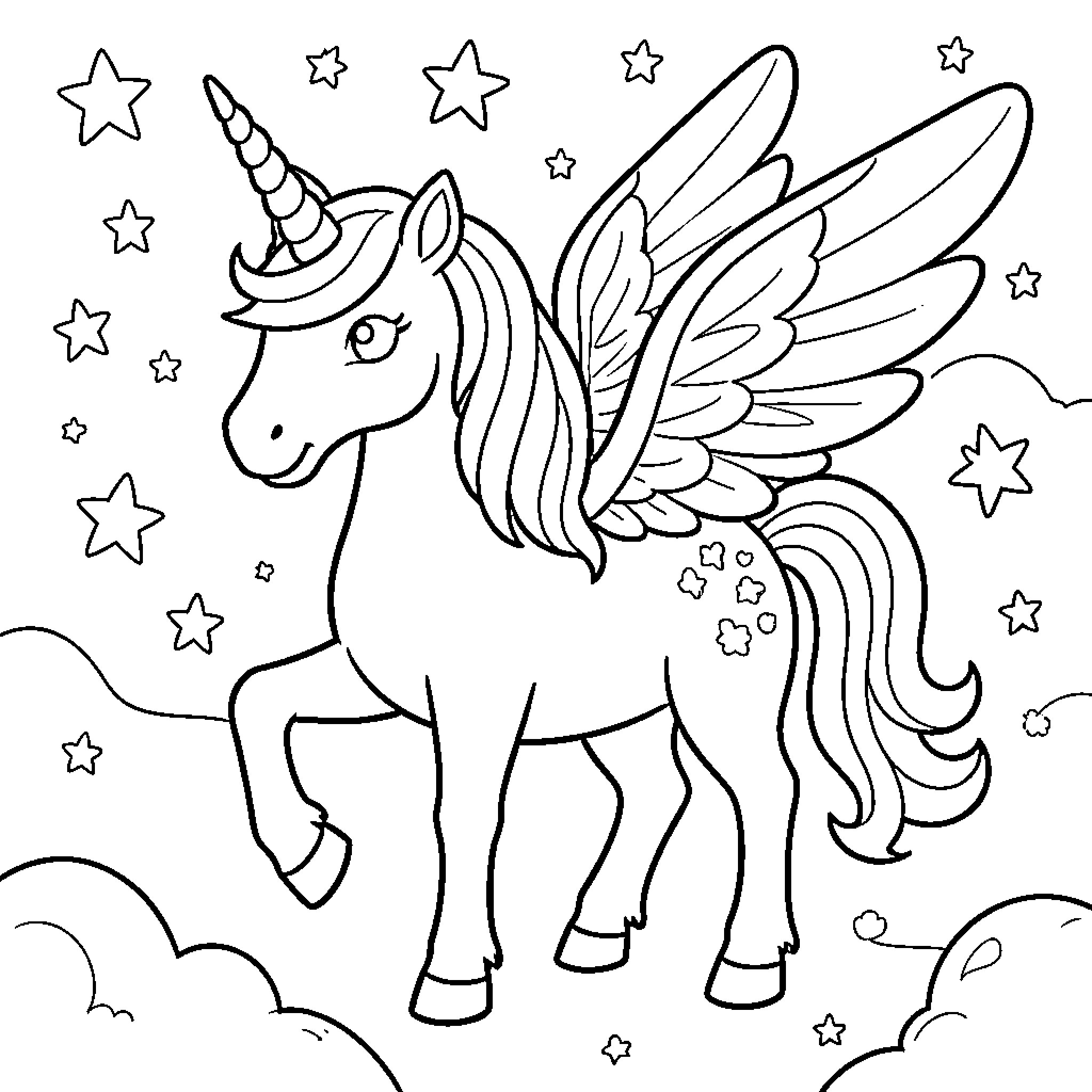 Unicorn with wings and stars in the sky Coloring Page (free black-and-white line drawing printable PDF for all, from beginners to advanced learners, including children, teens, adults, and seniors)